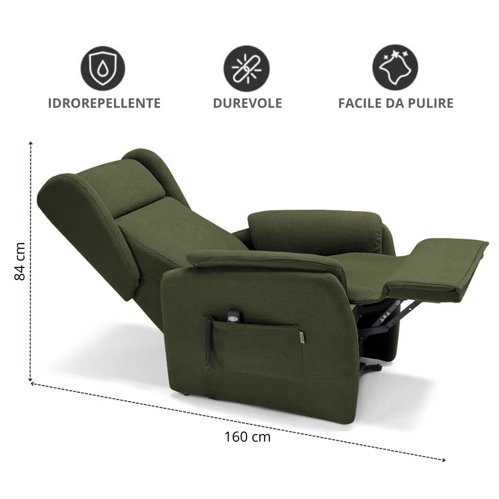 Poltrona relax elettrica FIRENZE MADE IN ITALY per anziani e disabili con kit batteria optional, 2 motori, 4 ruote, optional antimacchia (Senza Kit Batteria, Tessuto Antimacchia, Verde Foresta)
