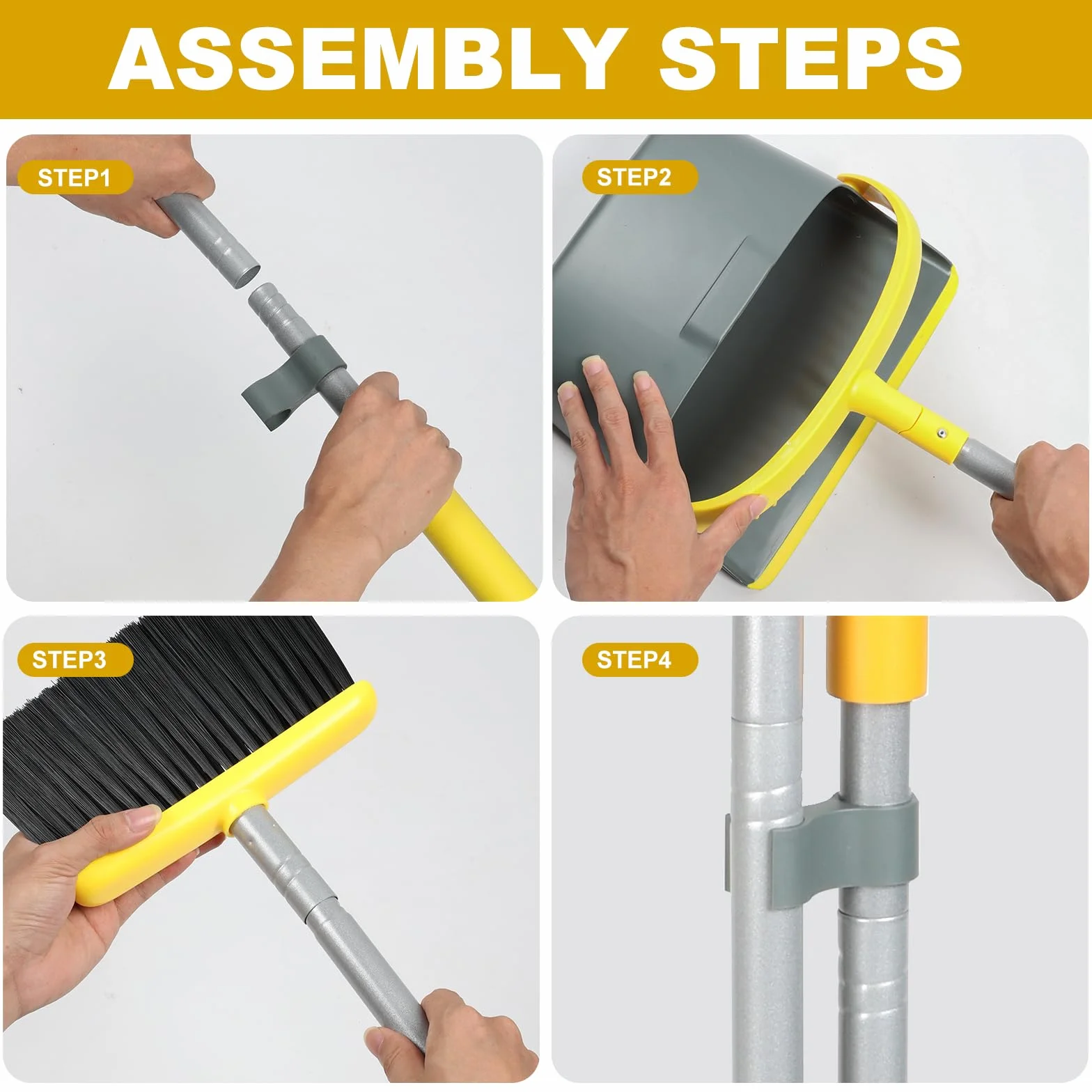 Set di scopa e paletta con manico lungo 137 cm, perfetto set di paletta e spazzola per una pulizia efficiente della casa (giallo e grigio)