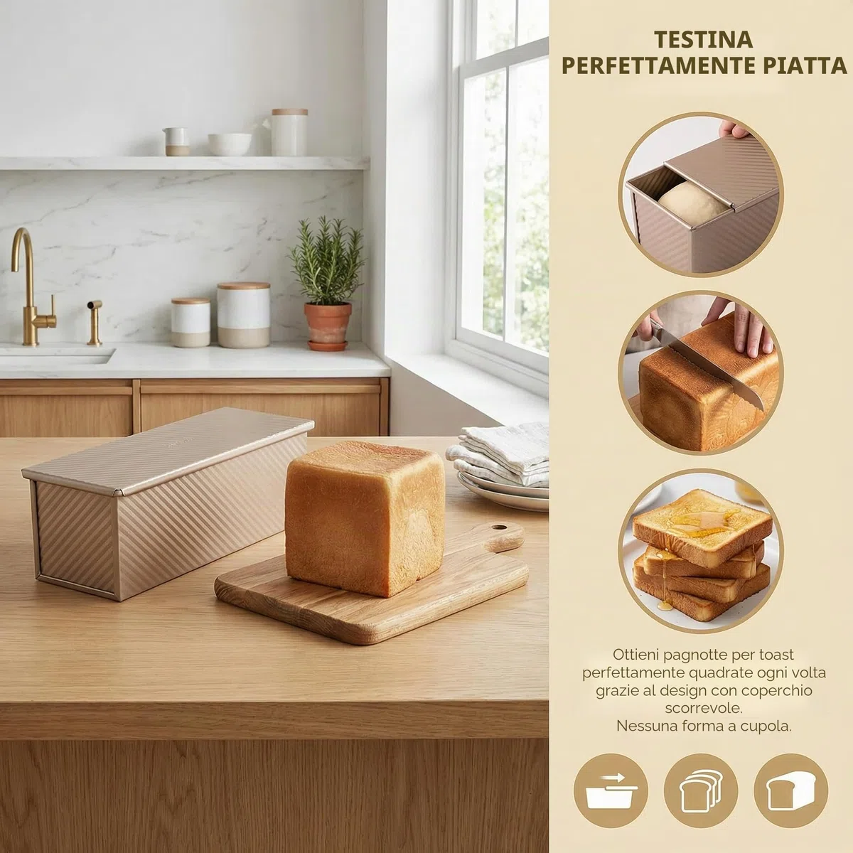 Stampo per Pane Tostato con Coperchio 32x12x11,5cm Teglia Antiaderente per Pane Tostato in Acciaio al Carbonio Stampo Pane in Cassetta con Fori di Ventilazione per Pane Toast e Torte, Oro