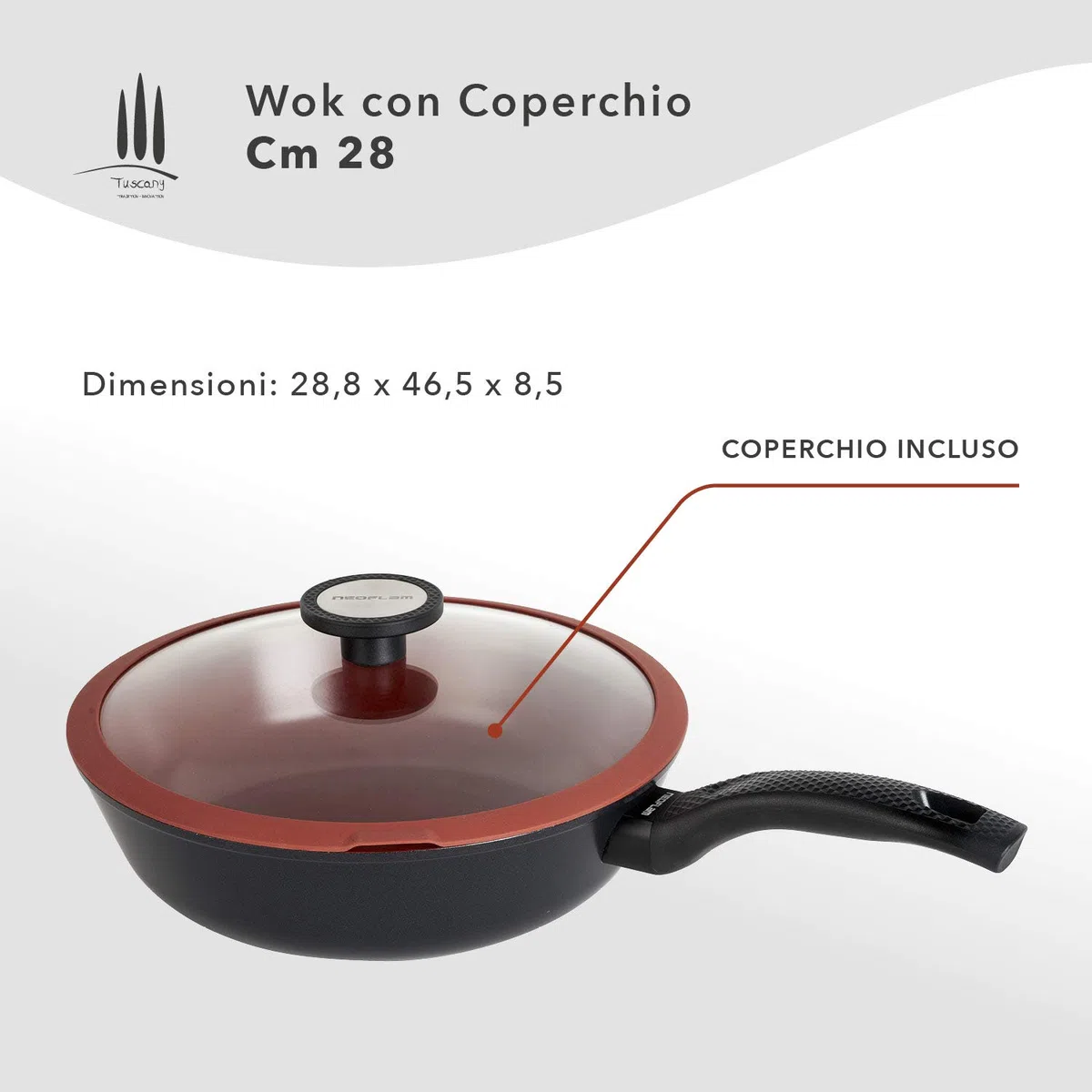 CLASSE ITALY, Linea TUSCANY, Wok cm 28 - Antiaderente naturale a 5 strati, alta resistenza, senza PTFE, PFOA, PIOMBO, CADMIO, per Induzione e Fiamma