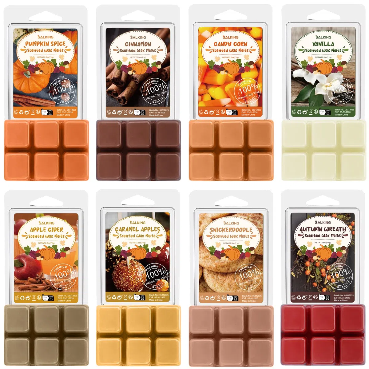 SALKING Autunnale Set di Tart Profumate Cera per Lampada Profumata, 100% Cera di Soia Naturale, Candela Profumata per Ambienti, set Regalo di Profumi di Zucca e Cannella per Halloween, Natale, 8 pz.