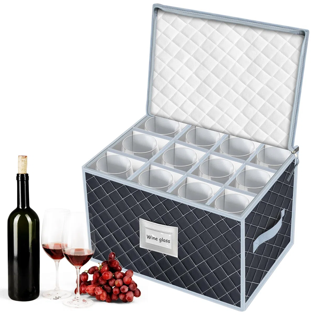 Contenitore per bicchieri da vino con 12 divisori, porta protezione per calici, contenitore per bicchieri da vino, stoviglie in cristallo fragile, viaggi, campeggio (grigio)