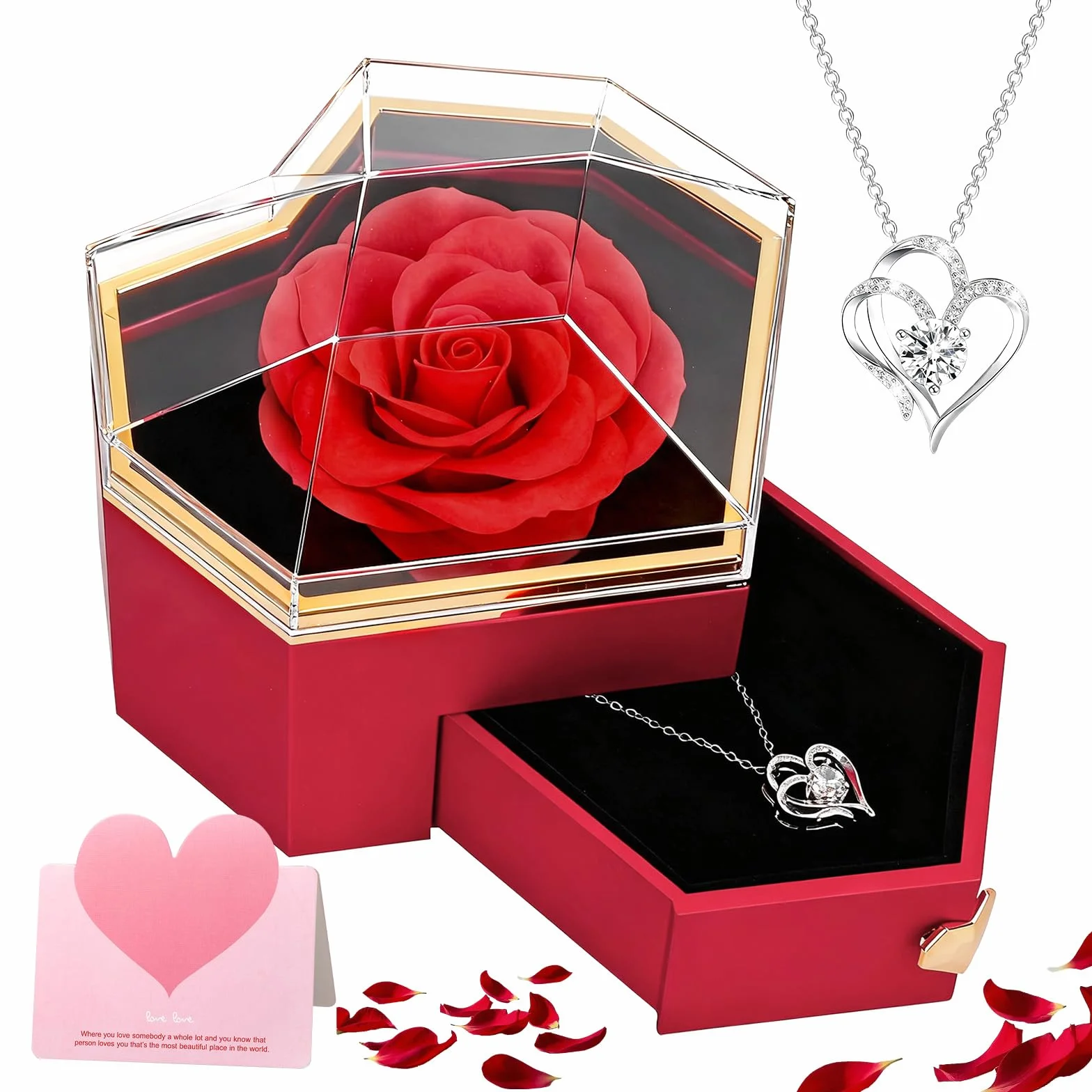 Rosa Eterna Stabilizzata Regalo Donna per Fidanzata Festa Della Mamma, Scatola Regalo a Forma di Cuore con Fiori Eterna e Collana, Regali San Valentino, Anniversario per Lei, Compleanno, Moglie -Rosso