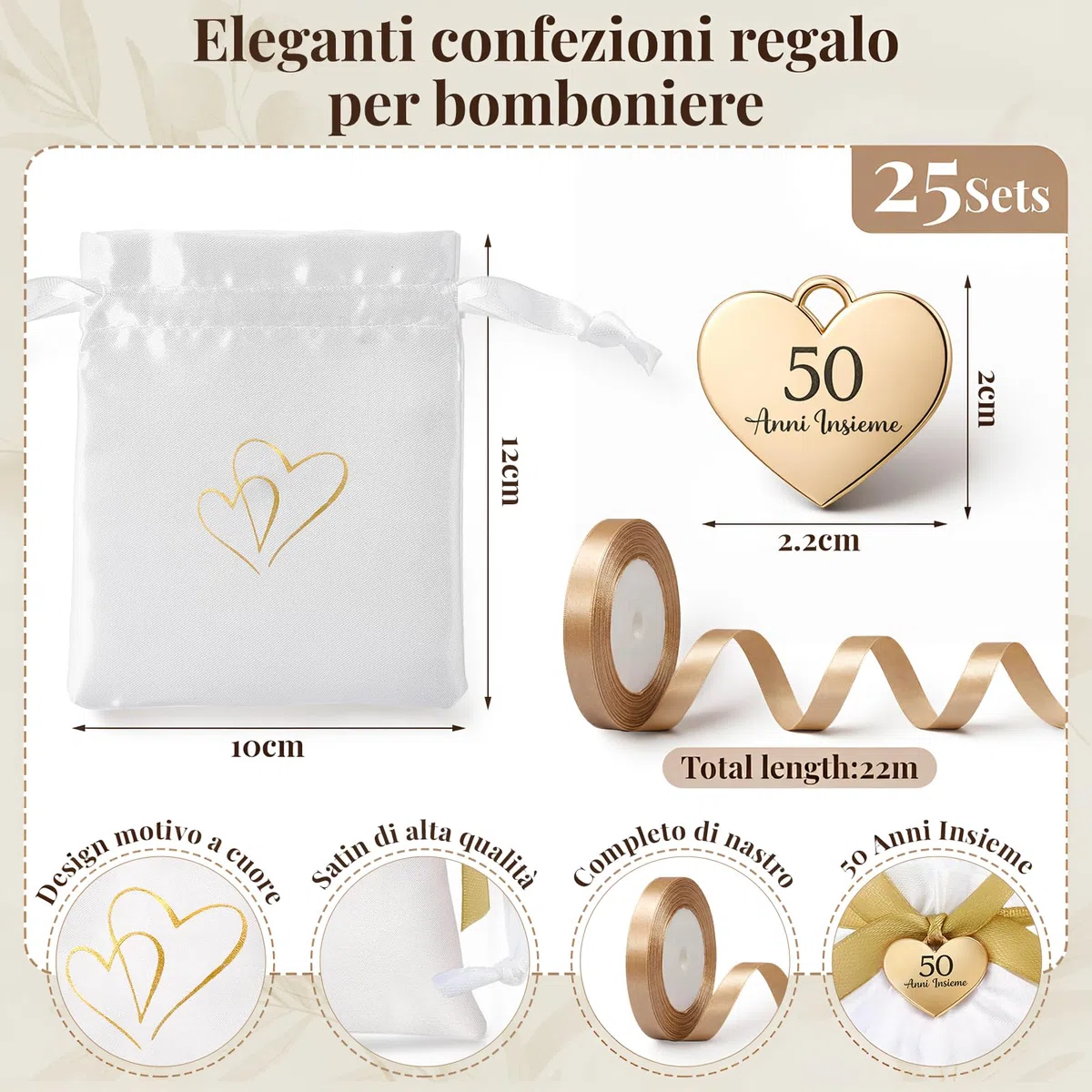 Otuuz 25 Set Bomboniere Matrimonio Sacchetti Bomboniere Sacchetti Regalo in Raso con Coulisse 50 Anni Insieme Ciondolo a Forma di Cuore in Oro e Nastro Regali per l'Anniversario Festa di Nozze