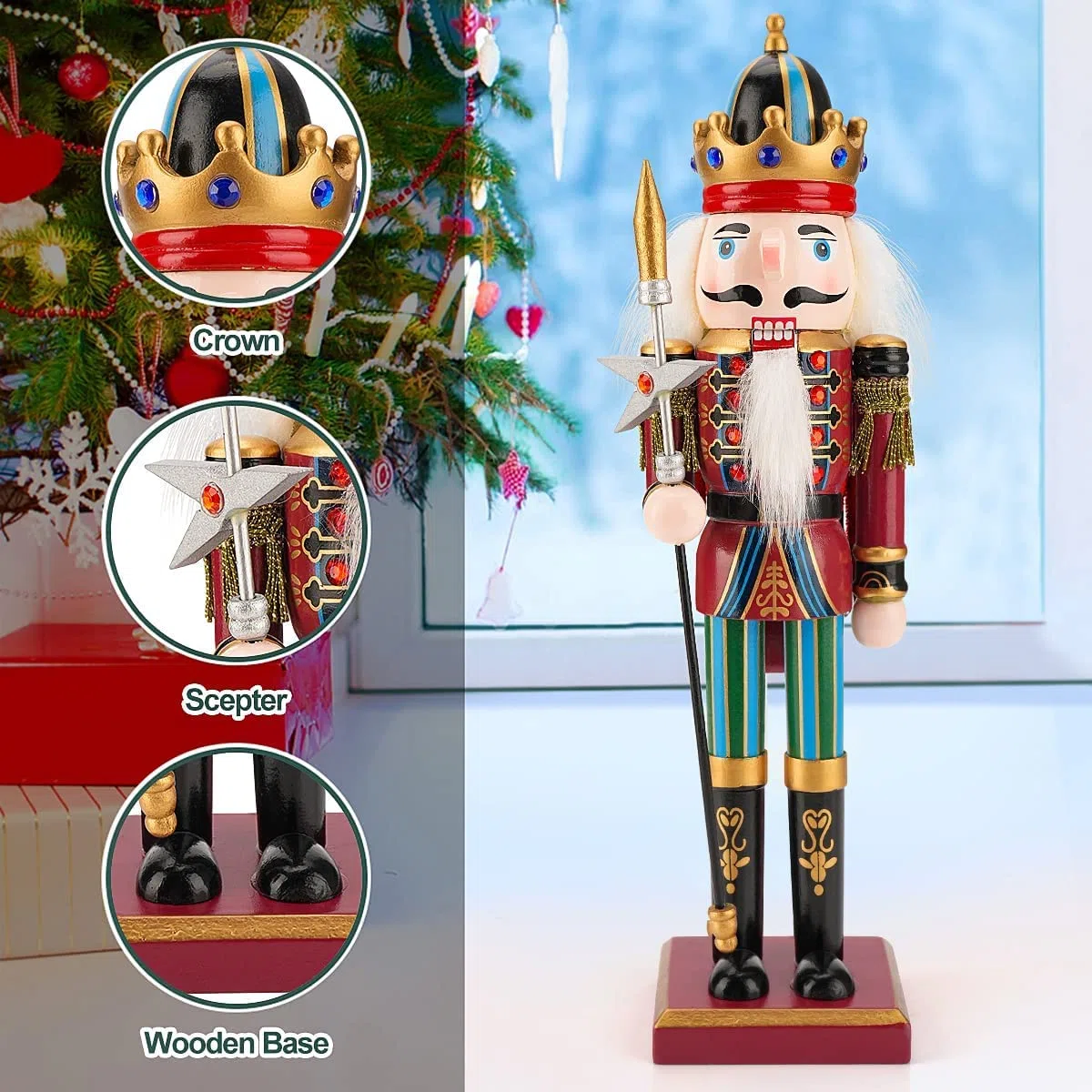 KAHEIGN 2 Pezzi Soldati Schiaccianoci di Legno, 2 Stile 30CM Figure Tradizionali dello Schiaccianoci di Natale Soldato Dipinto in Legno di Pino Premium per Casa Camino Decorazione (Tromba & Lancia)