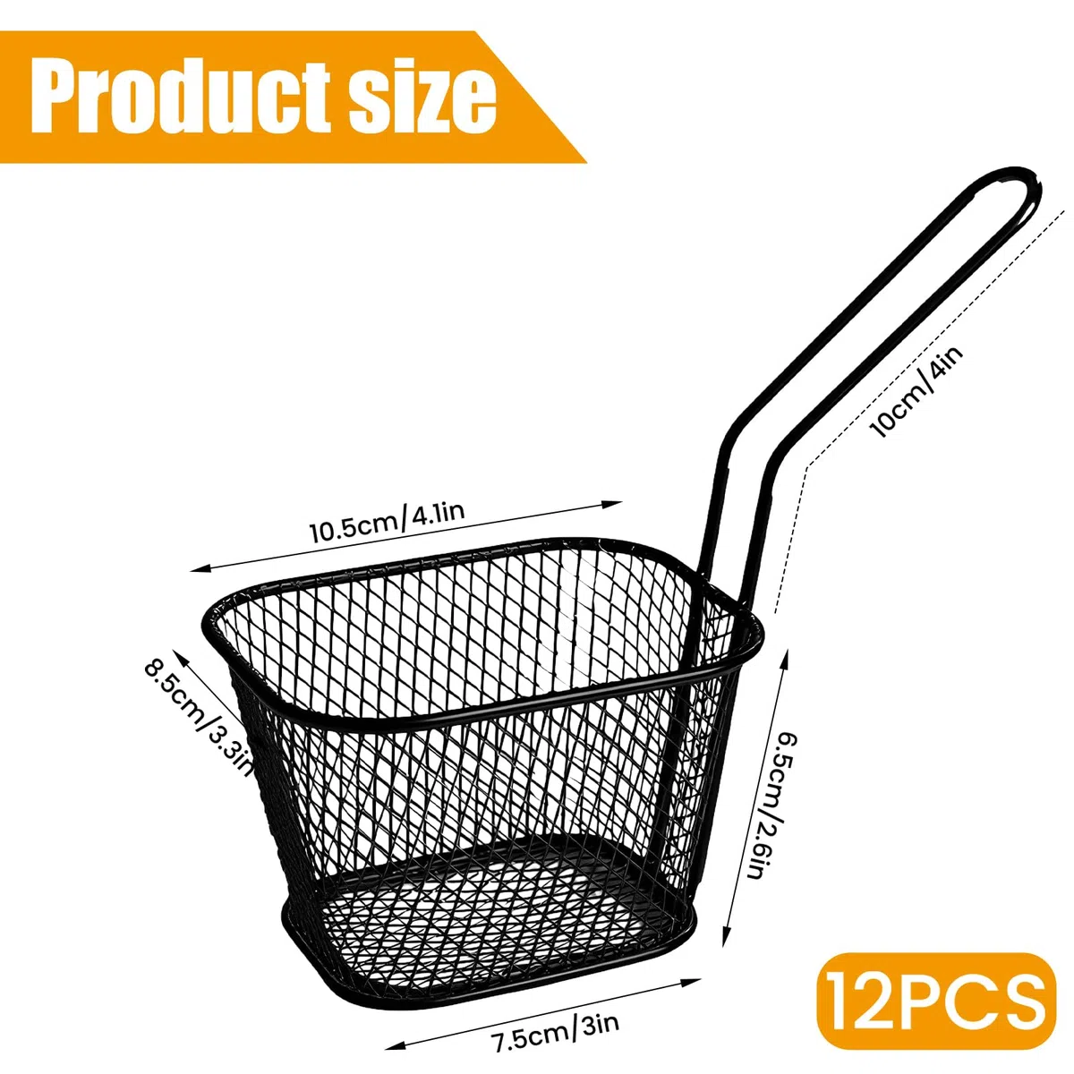 12 cestini per patatine, in acciaio inox, piccoli cestini da portata con manico, mini cestini per patatine fritte, gamberetti, anelli di cipolla e snack (nero)