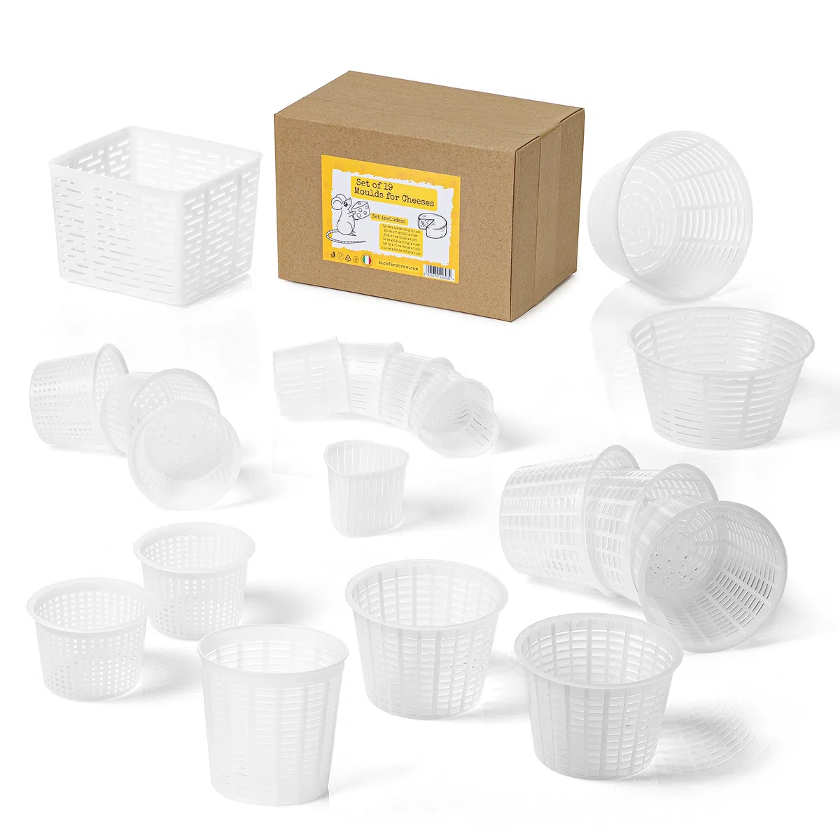 AlcoFermBrew Set di 19 Fuscelle per Formaggio - Forma plastica per formaggio - Kit stampi per formaggio freschi