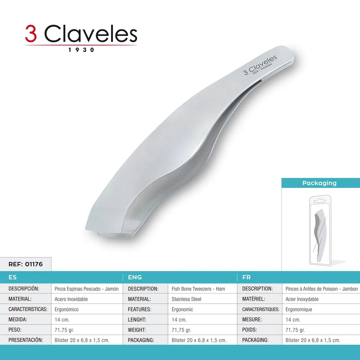 3 CLAVELES Pinza ESPINAS PESCADO-Jamon 14 cm. D 3C 01176, Acciaio Inox, Acero Inoxidable, 24.3x7.8000000000000007x0.5 cm