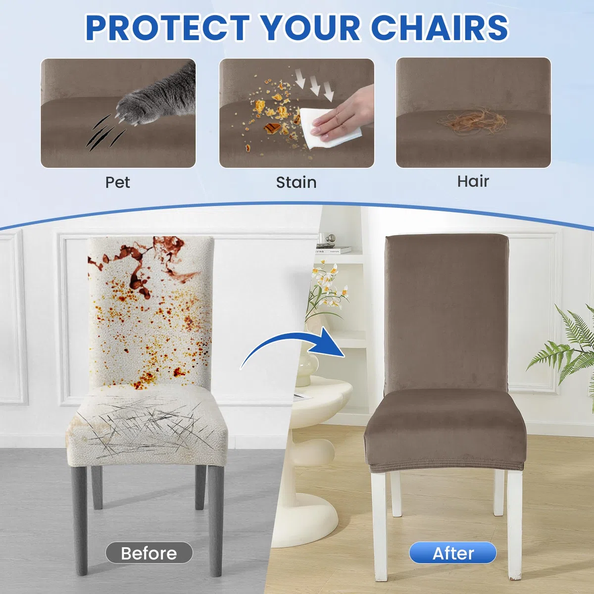 Ystyle Velluto Coprisedie con Schienale 6 Pezzi, Coprisedie Cucina Elasticizzati, Fodere Sedie Universale Soggiorno, Chair Cover Morbido Antimacchia, Moderno Fodere per Sedie, Cachi