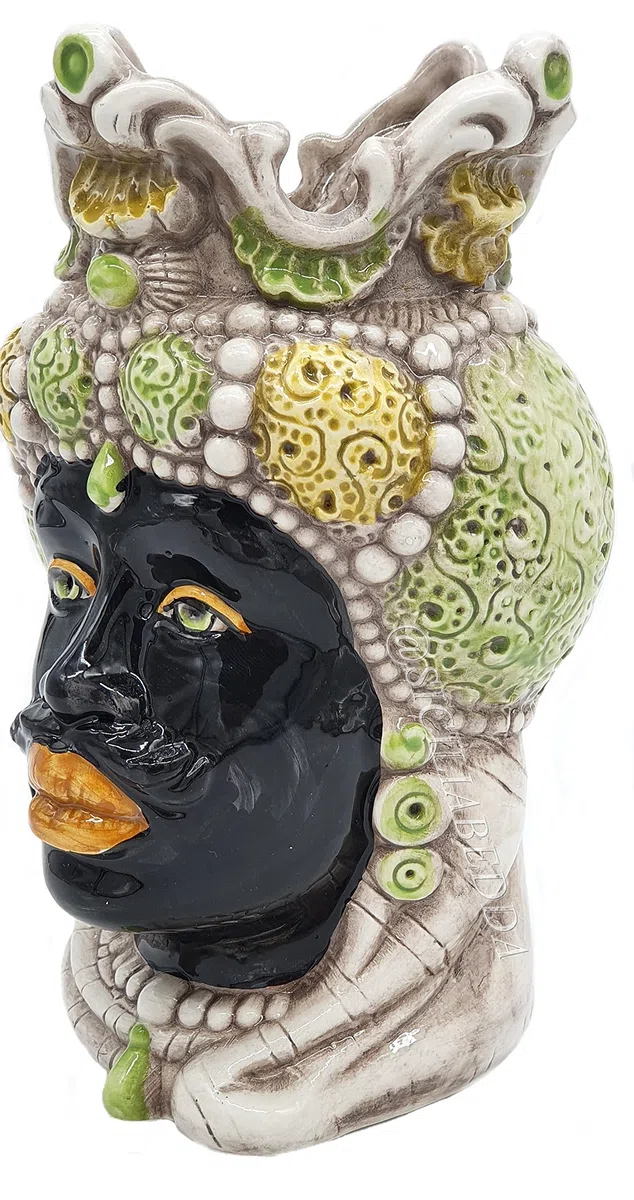 sicilia bedda - Teste di Moro Siciliane in Ceramica di Caltagirone - Realizzato Interamente a Mano - Altezza 18 Centimetri (Testa di Moro Saraceno Verde)
