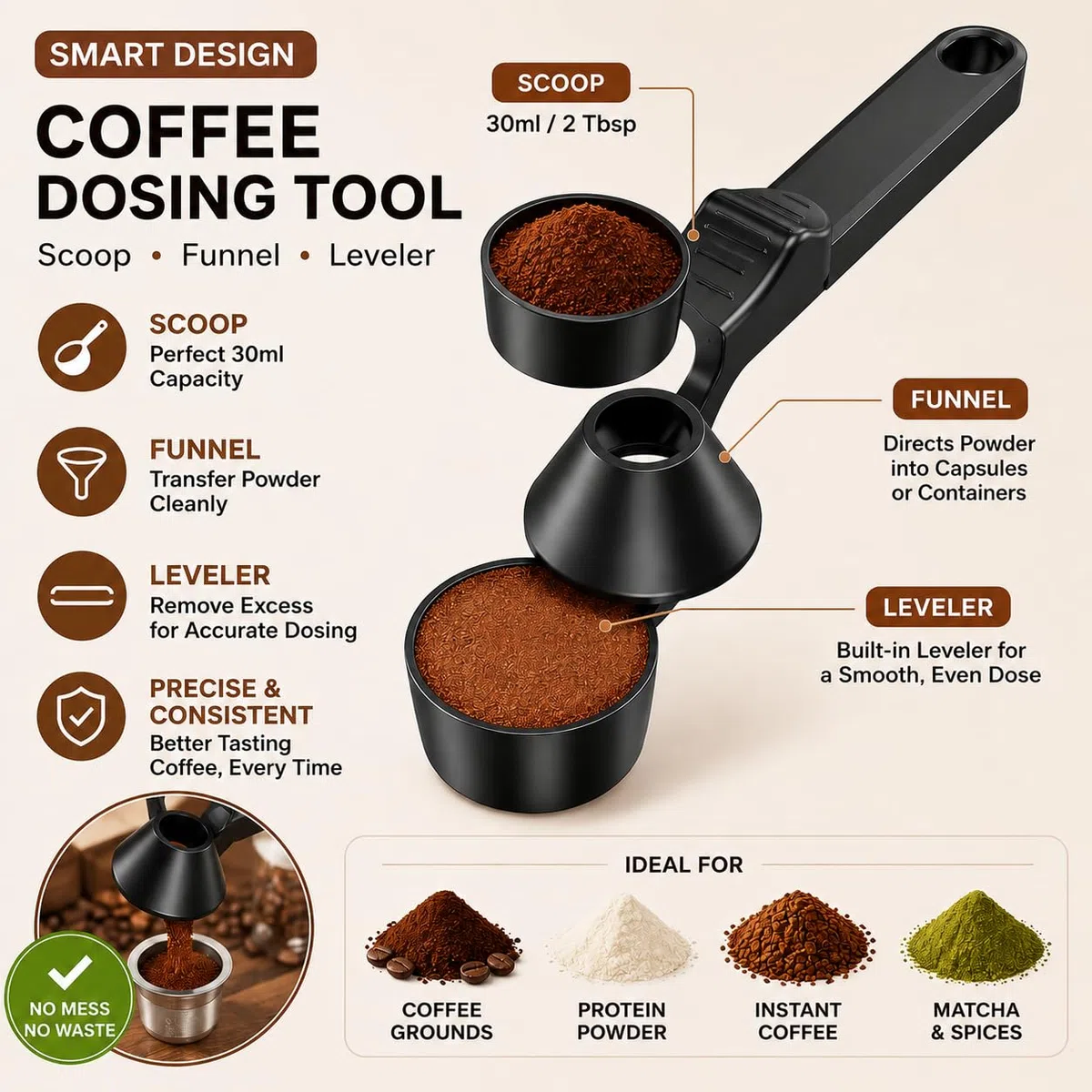 Cucchiaio Dosatore Proteine con Imbuto, Misurino Polvere 30ml (~15g Caffè), Cucchiaio Dosatore per Whey, Caffè e Capsule, Manico 19cm Anti-Scivolo