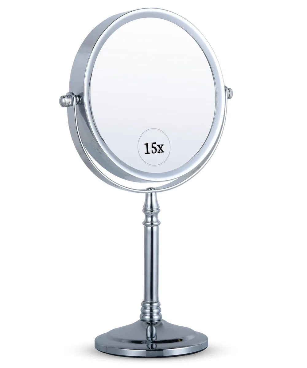 Mirrorvana specchio da tavolo per trucco con ingrandimento 15X e 1X, ideale per make up e toeletta da bagno, specchietto ingranditore 30 x 15 cm (cromo)