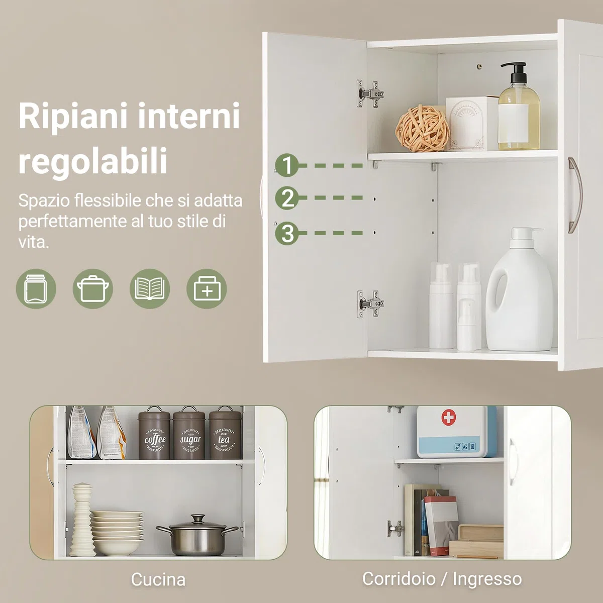 SoBuy Pensile Cucina Sospeso - Mobile Cucina con Ante Bianco Mobile Pensile da Muro Salvaspazio in Legno 60x30x60 cm con Ripiani Regolabili Dispensa Moderna FRG231-W