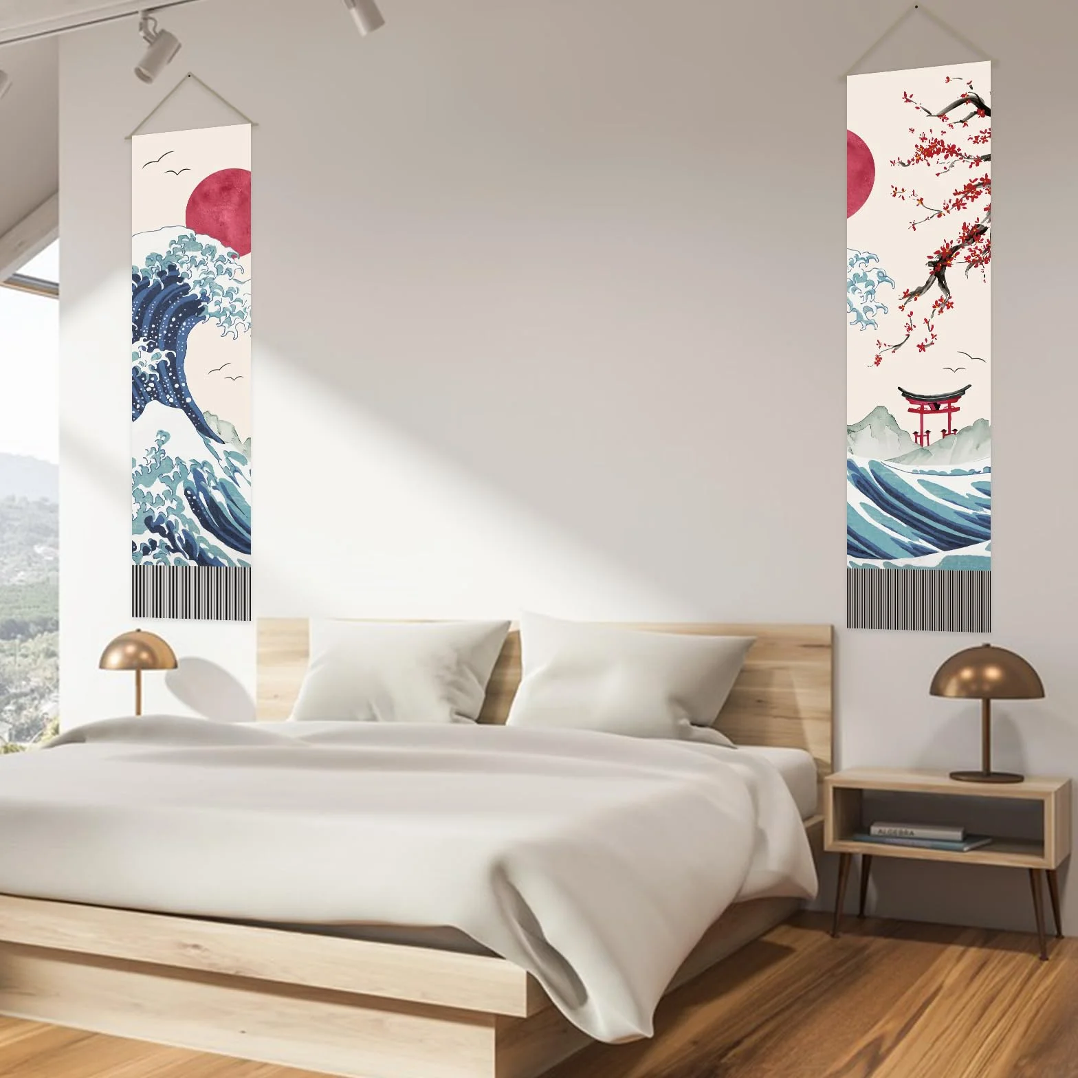 AHANDMAKER Confezione da 2 arazzi giapponesi con onde dell'oceano, sole rosso e onde e fiori di ciliegio rossi, arazzo con nappe per camera da letto, 33 x 130 cm
