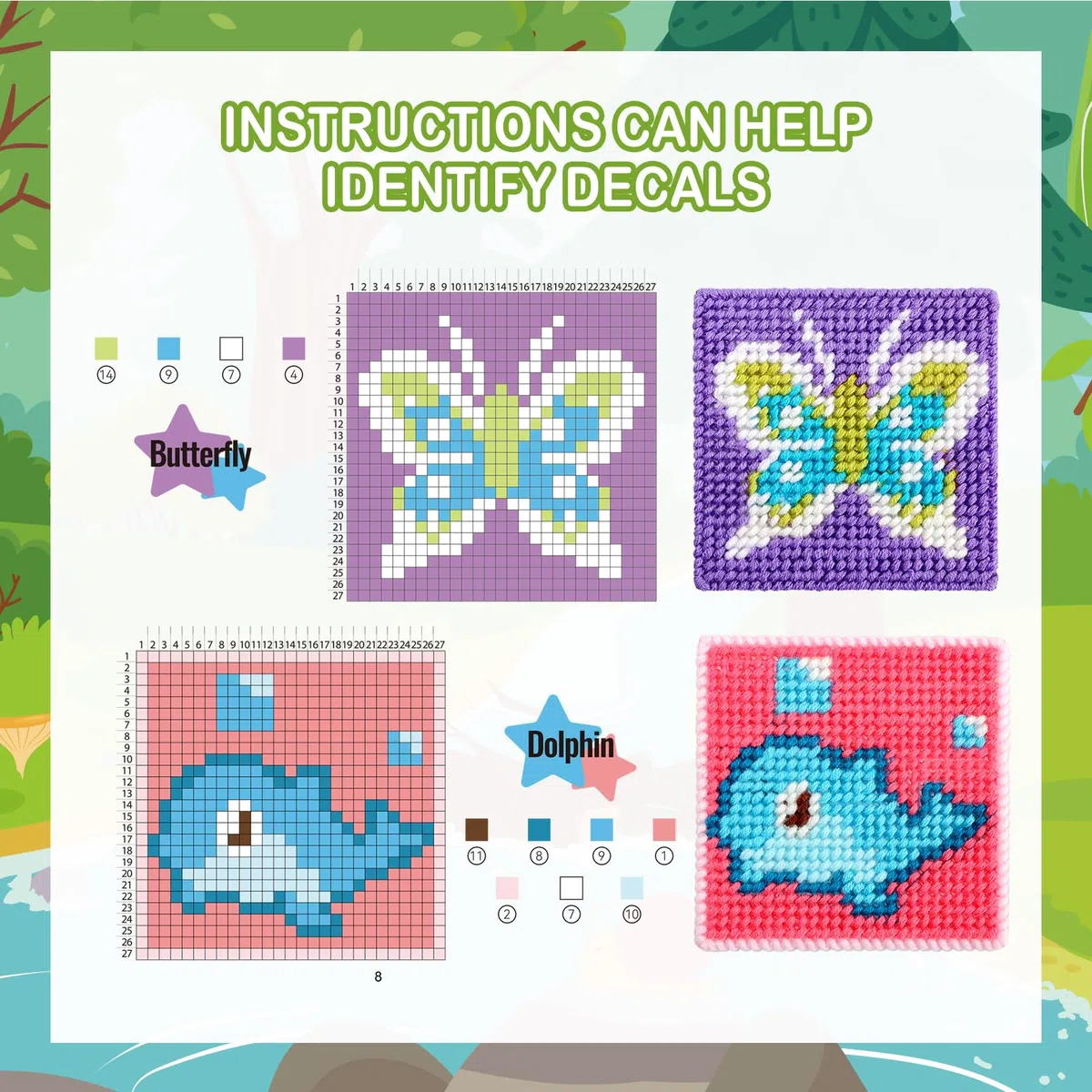 Pllieay Kit per Principianti di Punto Croce Bambini, Kit di Ricamo per Principianti Include 10 Pezzi di Tela in Plastica con Diversi Motivi, 14 Fili Colorati, Istruzioni e Scatola Colorata.