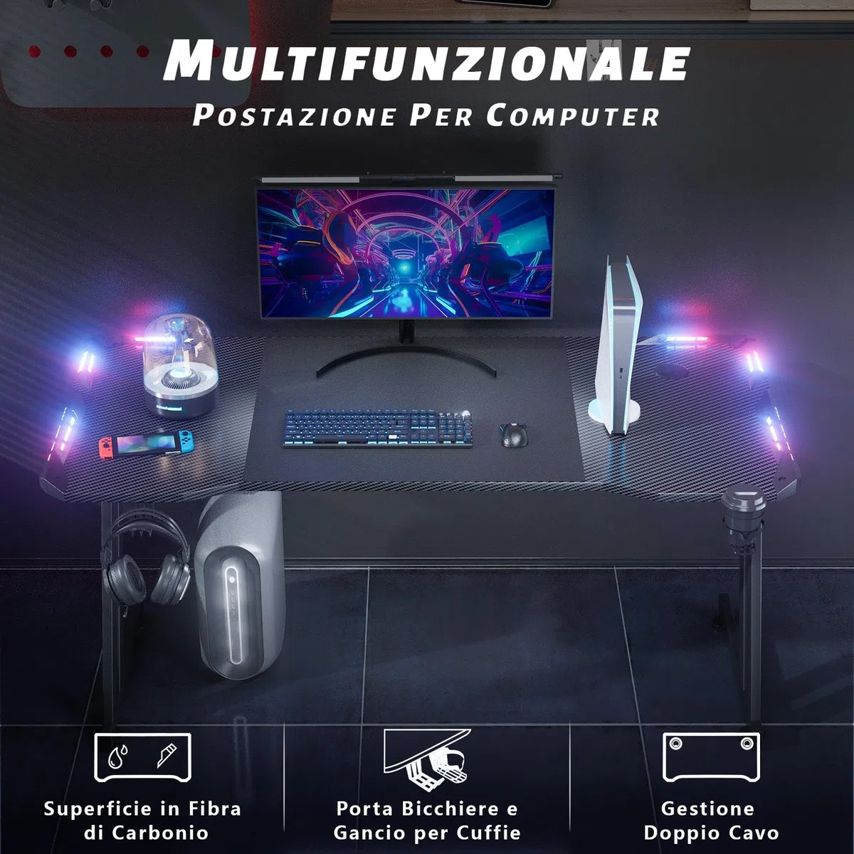 HLONONE 120 x 60 cm Scrivania Gaming LED, Tavolo Gaming Ergonomica, Postazione Gamer con Piano del Tavolo in Fibra di Carbonio, Scrivania per Computer con Porta Bicchiere e Ganci per Cuffie, Nero
