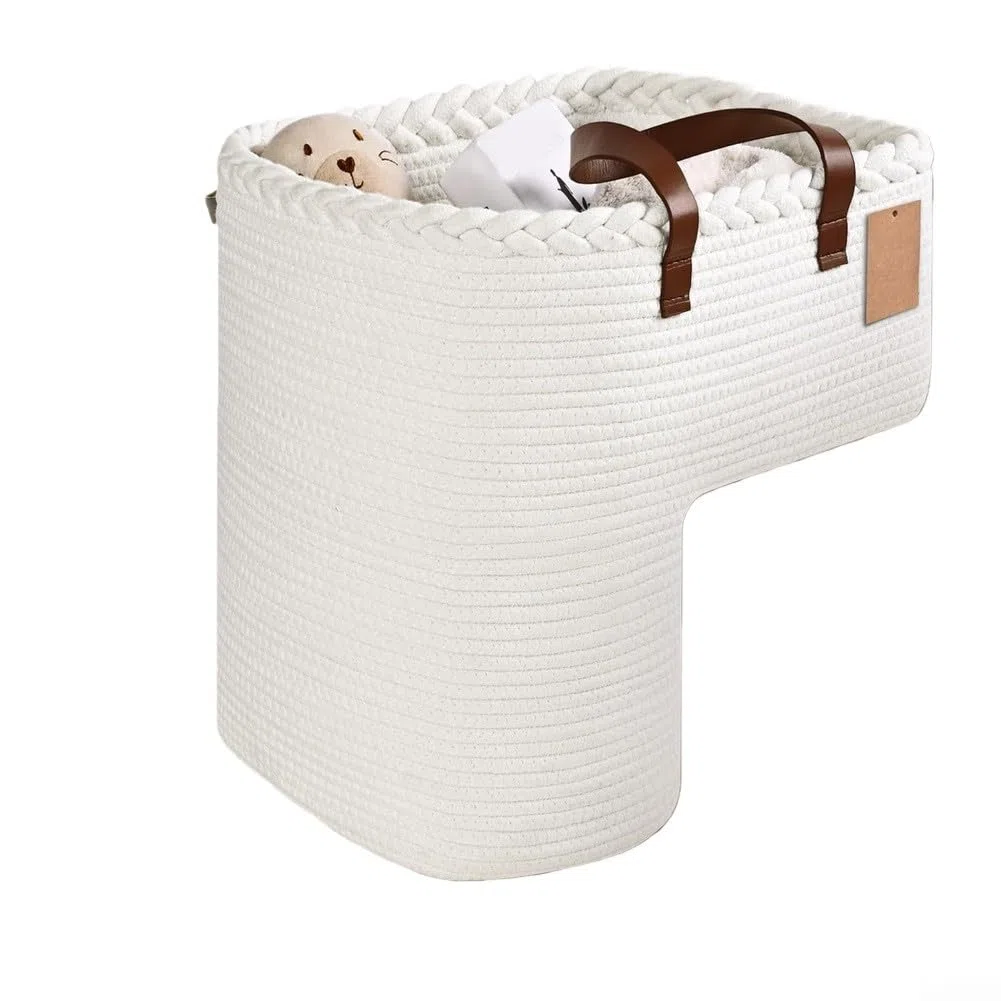 Cestino per scale in tessuto con manici, cestino portaoggetti in lino per gradini in moquette, organizer per giocattoli, libri, telefoni e articoli per la casa con elegante design neutro (A)