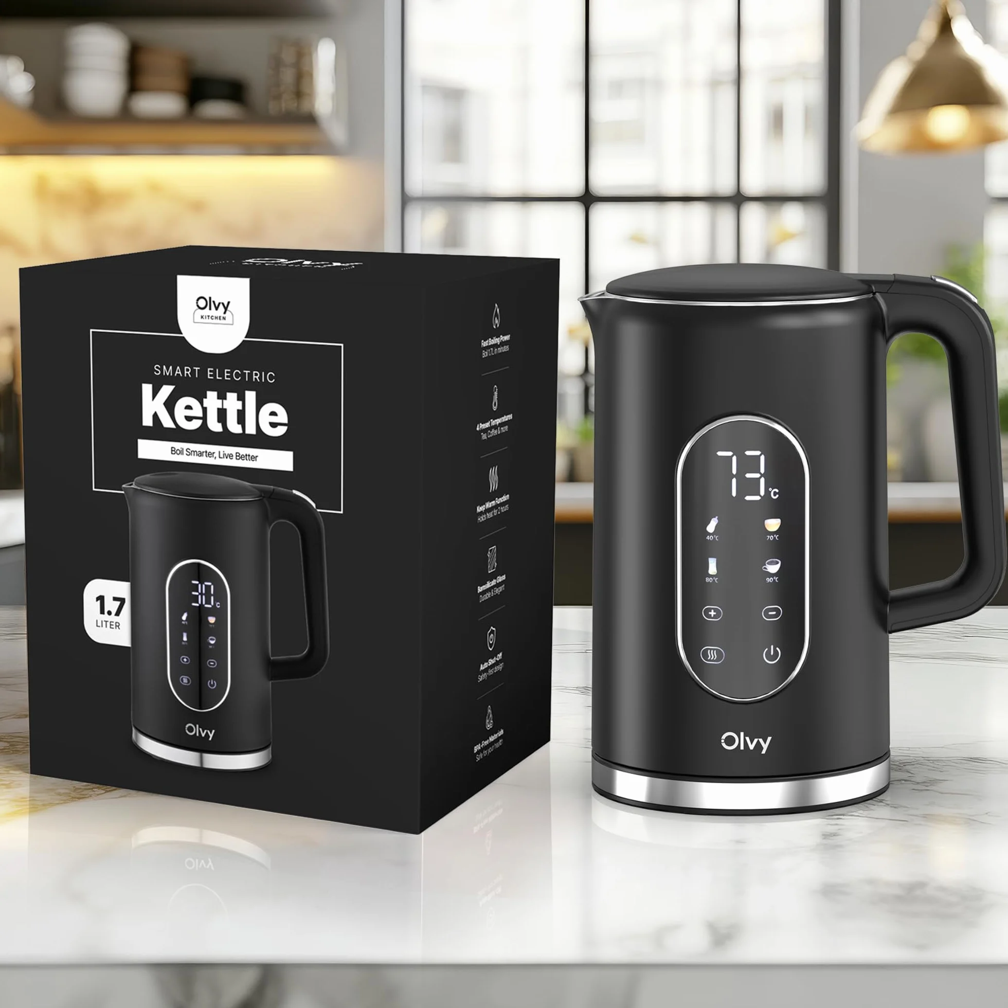 Olvy Bollitore elettrico da 1,7L senza fili, controllo della temperatura e funzione di mantenimento in caldo, doppia parete in acciaio inox Cool-Touch, filtro anticalcare – kettle elettrico 2200W