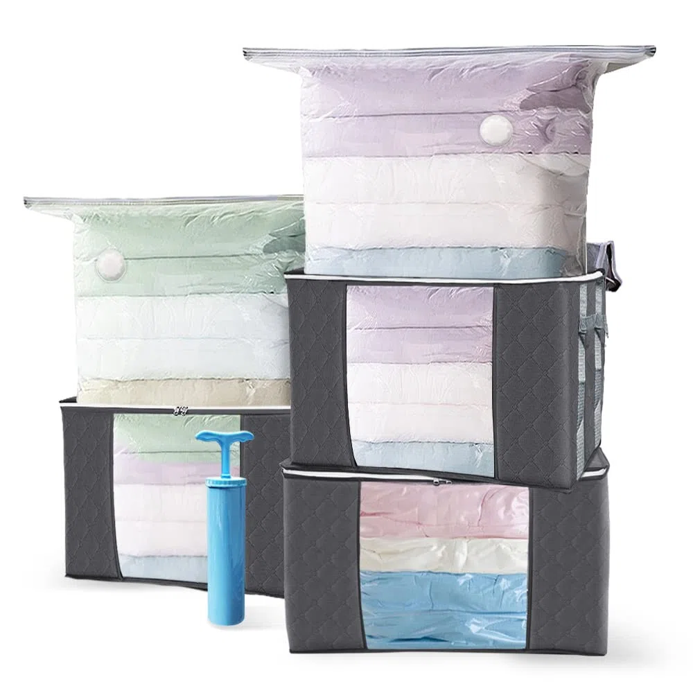 VOUNOT® 3 Sacchetti Sottovuoto per Vestiti Salvaspazio Riutilizzabili con Pompa e 3 Scatola di Immagazzinaggio EDENOO con Manici, per Lenzuola, Piumoni, Cuscini, Coperte