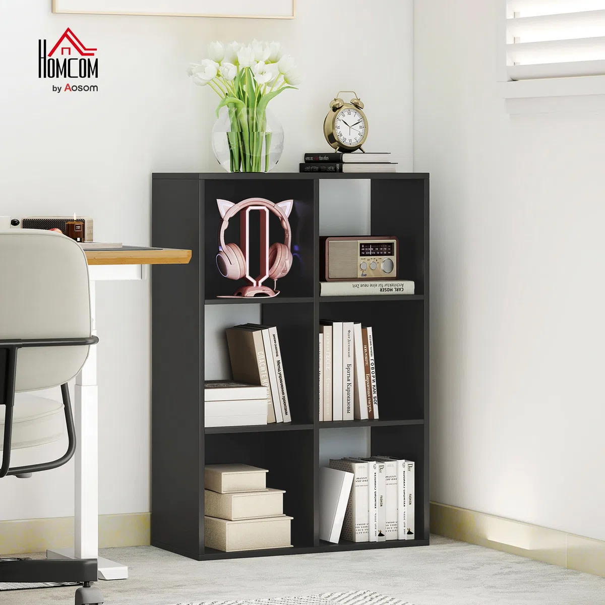 HOMCOM Libreria a Cubi con 6 Ripiani Portaoggetti dal Design Rustico, Libreria Moderna in Legno, per Cameretta, Studio, Ufficio, 61.5x29.5x91.5 cm, Nero