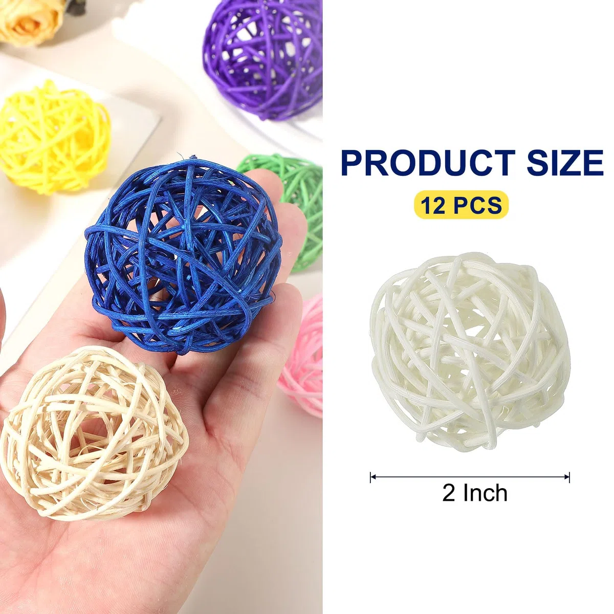 QUARKZMAN 12 Pezzi Pallini di Rattan 2 Pollici (5 cm) Pallini Decorativi in Rattan Riempitivi per Vasi per Centrotavola Matrimoni Feste Decorazioni per la Casa, Bianco