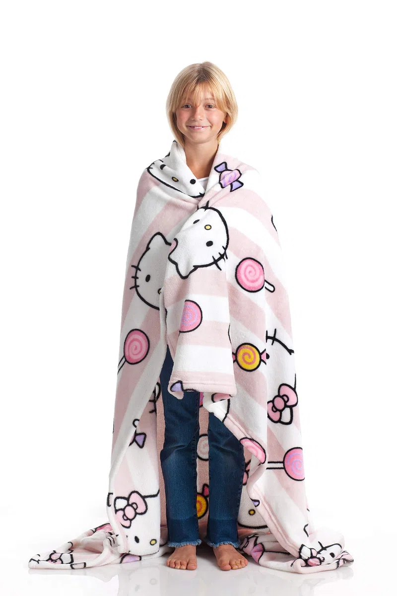 Kanguru - Soffice plaid divano in microfibra Hello Kitty Rosa, morbido pile, 130x170 cm, Simpatico copriletto singolo bambina, idea regalo Natale o Compleanno per tutti, amica, figlia pigiama party