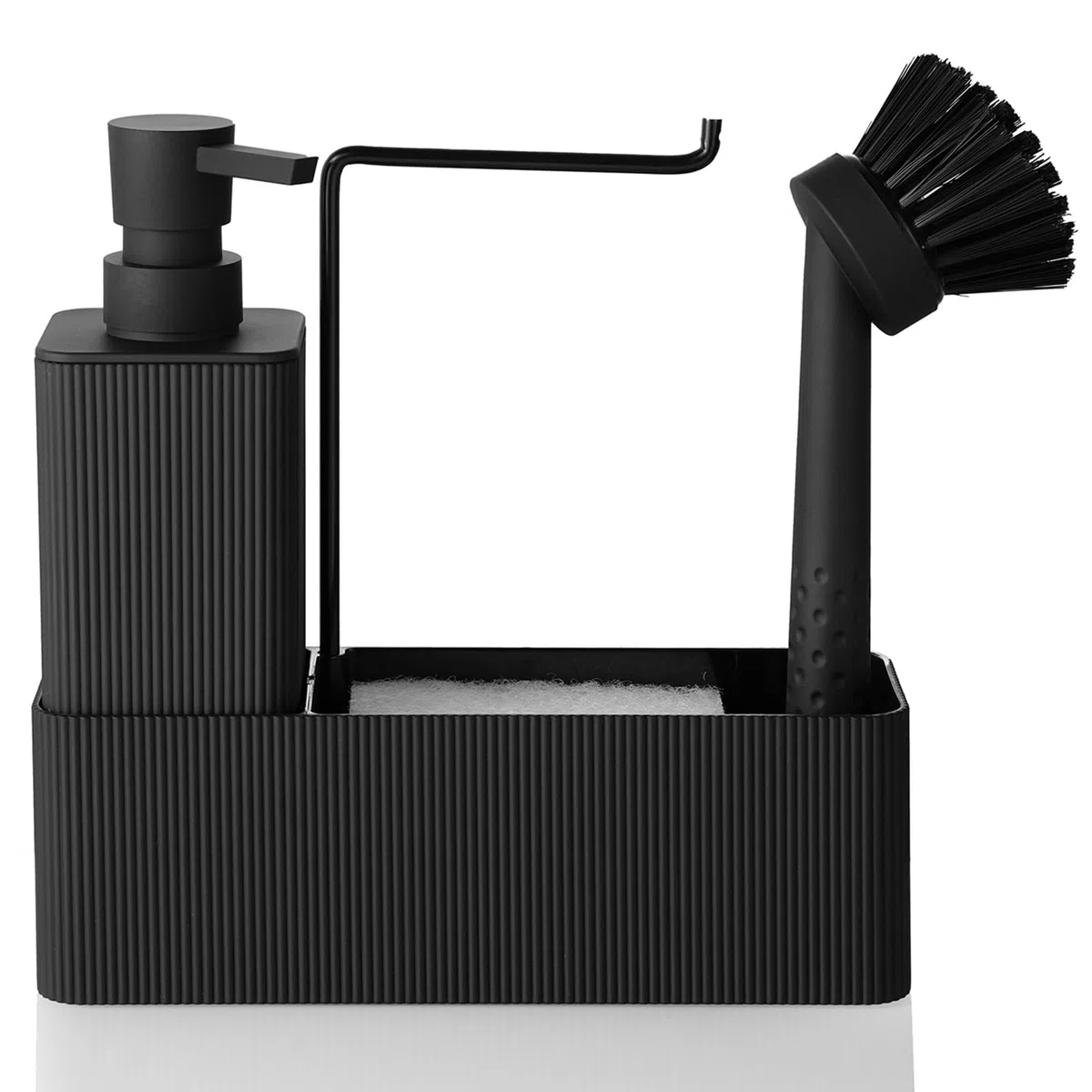 Dispenser Sapone Cucina con Porta Spugna e Spazzola, Dispenser Detersivo Piatti Nero, 4 in 1 Organizer Lavello Cucina (Nero)