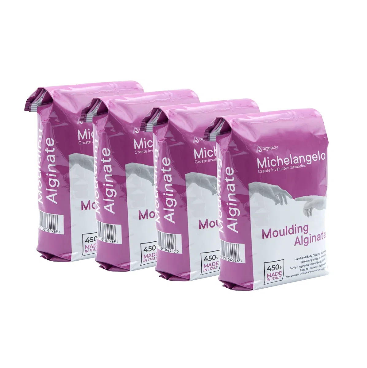 Michelangelo Moulding Alginate 1800g. (4 buste da 450 g.) Alginato cromatico per impronte di alta precisione, perfetto per realizzare calchi delle mani o del corpo. Prodotto in Italia.