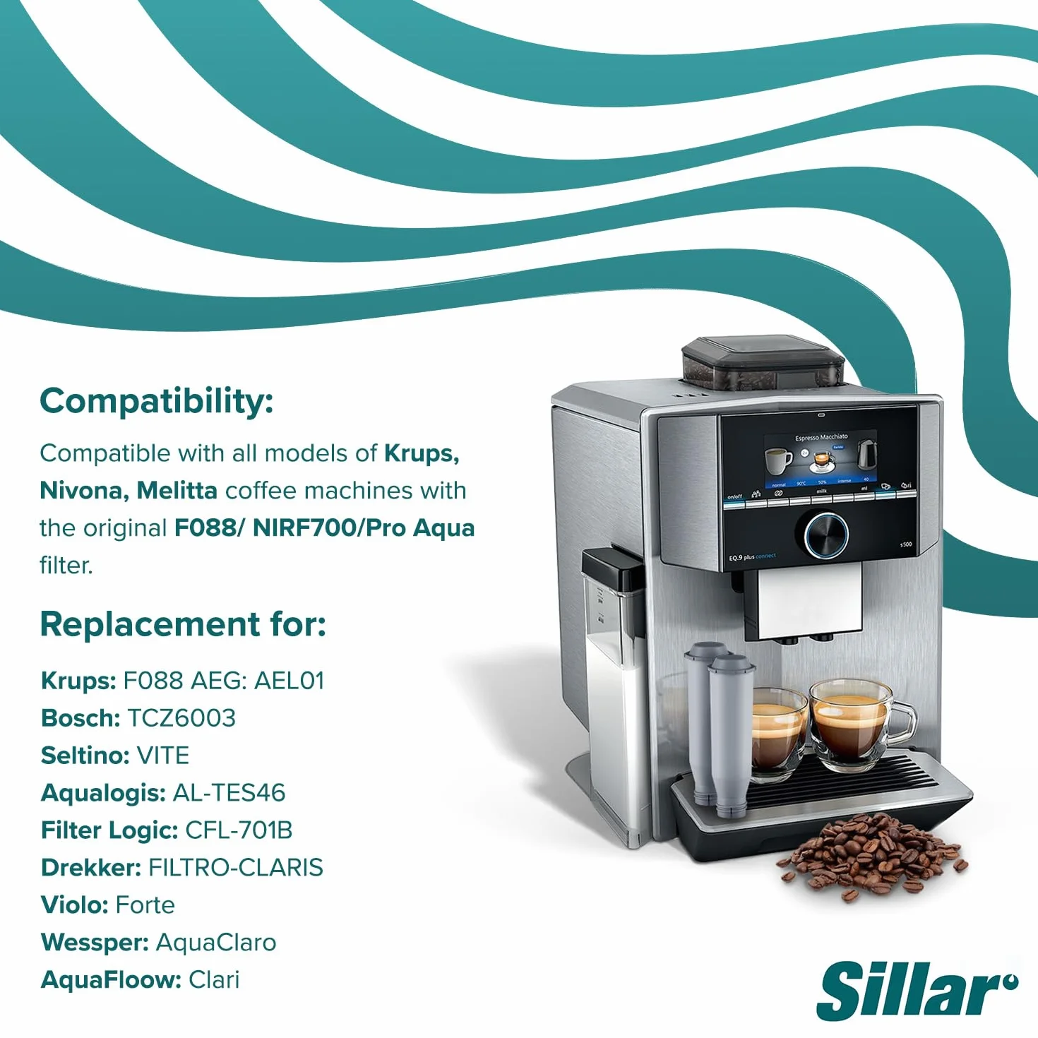 Sillar Filtro acqua di ricambio per macchine da caffè – compatibile con Krups F088 NIRF700 Pro Aqua, Nivona e Melitta | Cartuccia a carbone attivo set 6 pezzi | Aumenta la durata dell’apparecchio