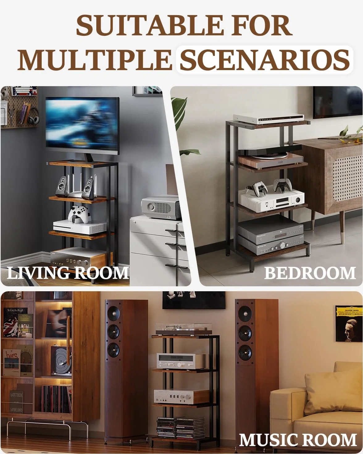 Rack HiFi a 4 livelli in legno e ferro per giradischi, impianto audio, impianto stereo, adatto per soggiorno e studio 28D x 42W x 81H cm, nero/marrone