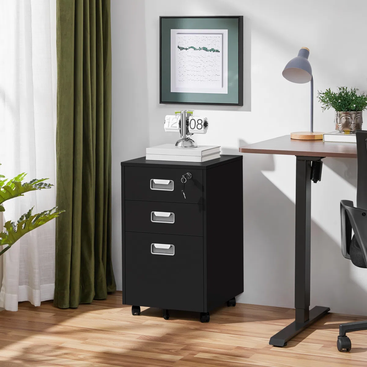 Yaheetech Cassettiera da Scrivania con 3 Cassetti Salvaspazio Archivio Schedario Portadocumenti Mobiletto da Ufficio Rimovibile con Ruote per Ufficio Studio (Nero)