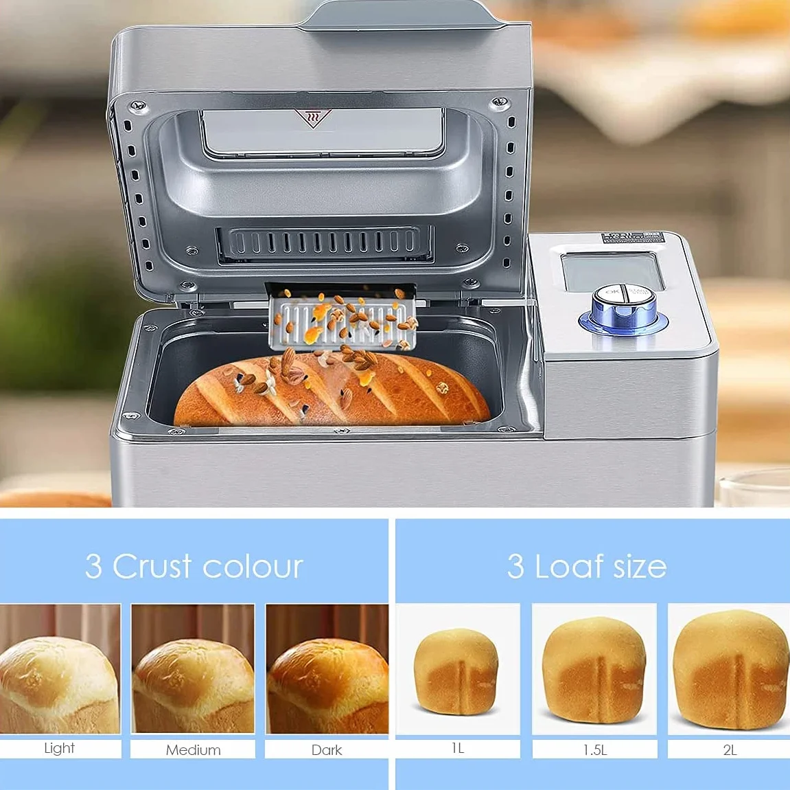 COOCHEER Macchina per il pane COOCHEER da 550W, Impastatrice con 25 programmi in acciaio inox completamente automatica con funzione di temporizzazione di 13 ore, argento