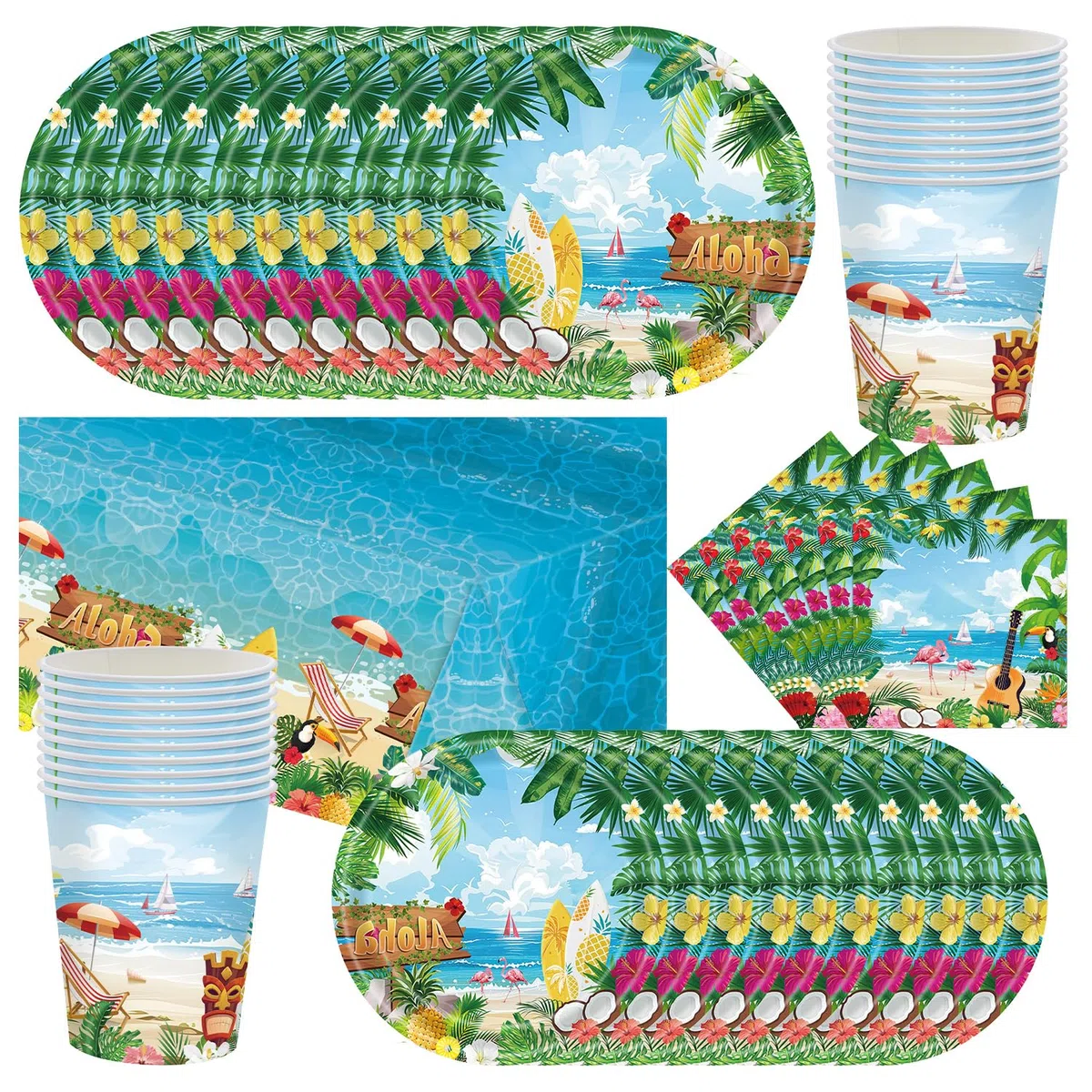 Vaisselle de fête hawaiana, set completo per 20 persone con piatti, bicchieri, tovaglioli e tovaglia verde di alta qualità per compleanni e feste estive