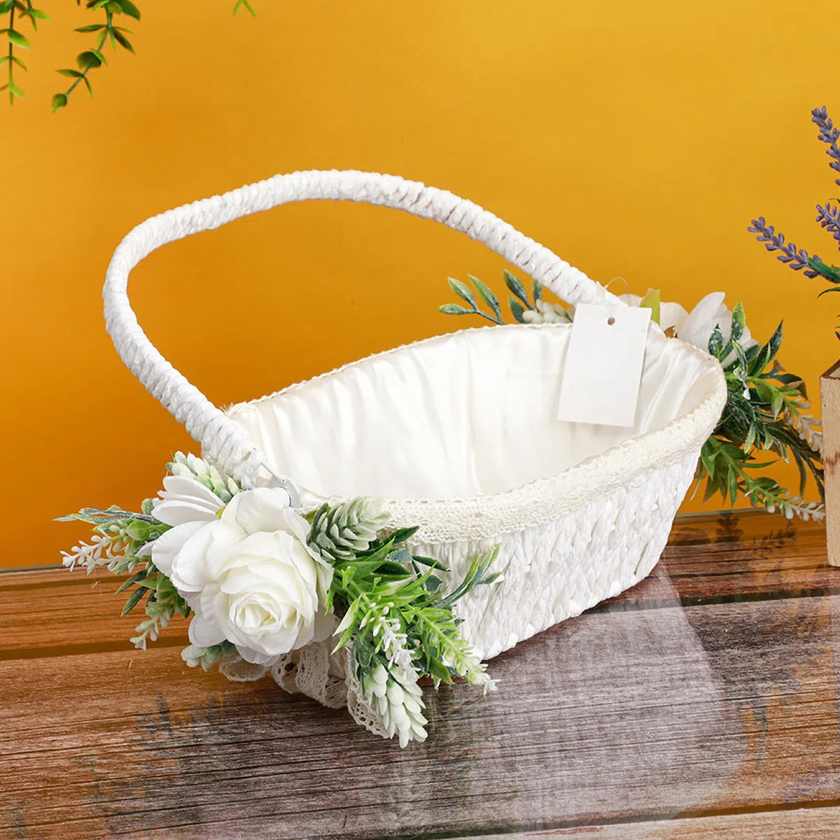 Cesto per Damigella di Fiori, Cestini Bianchi con Fiocco e Manico Pieghevole per Matrimoni e Pasqua