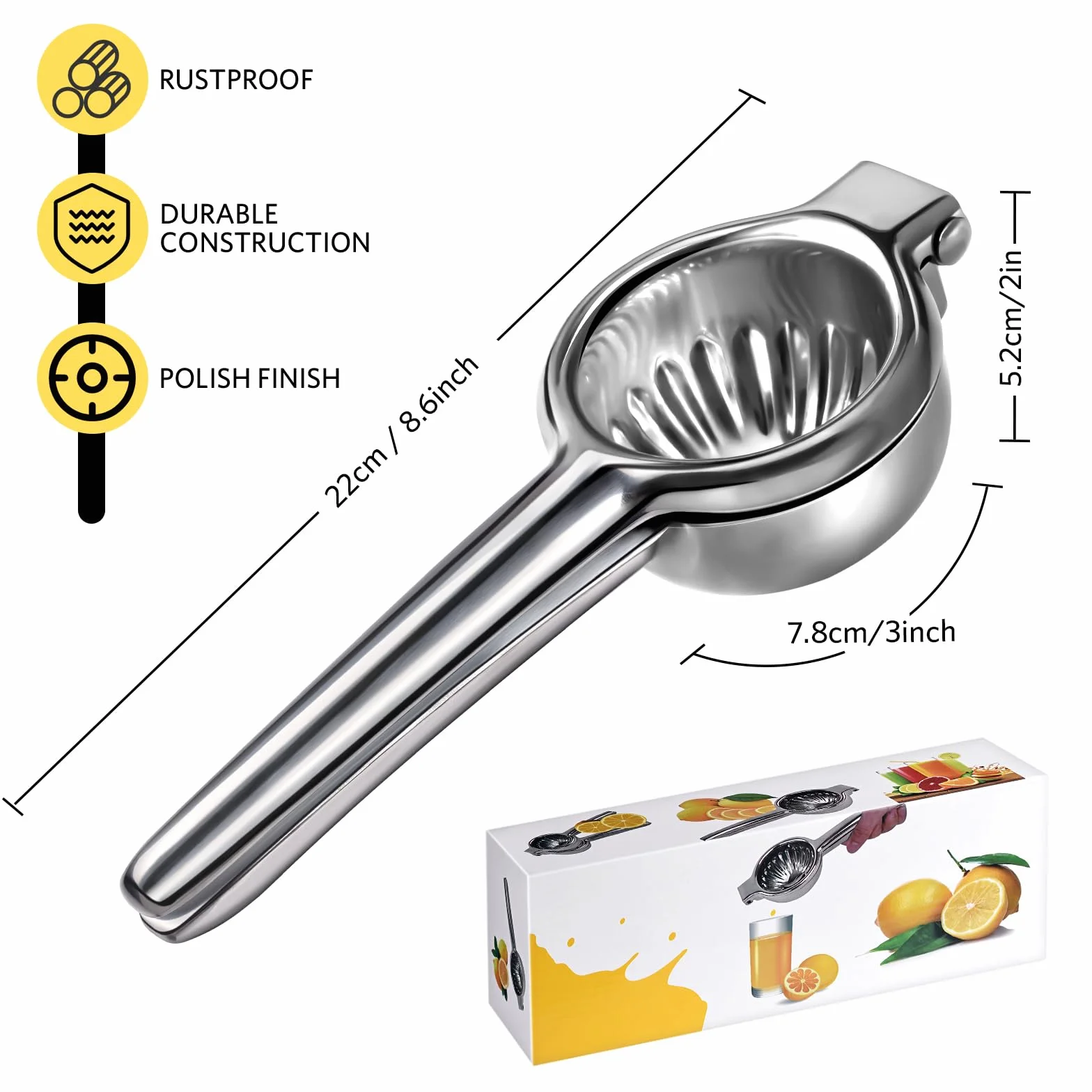 Spremi Limone, Sopito Spremiagrumi Manuale Acciaio Inox Robusto e Anti-Caustico Spremiagrumi Manuale per Cucina, Bar e Ristorante, 7cm di Diametro