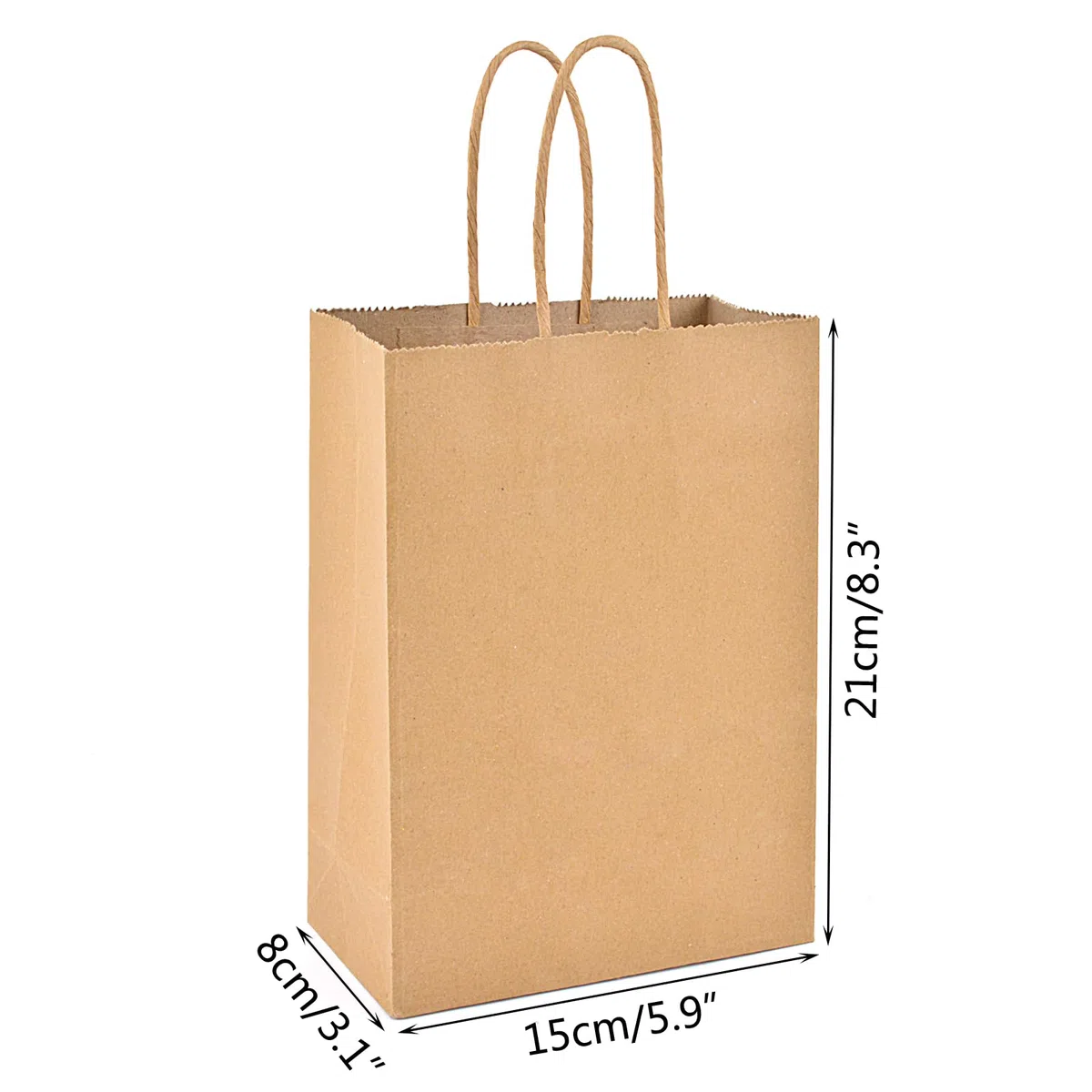 YFZYT 100 sacchetti di carta marrone con manici (21,1 x 7,6 x 15,2 cm), piccoli sacchetti regalo per feste per bambini, matrimoni, compleanni (15 x 8 x 21 cm)
