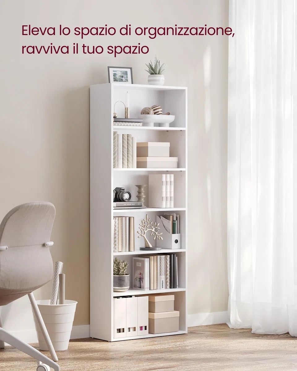 VASAGLE Scaffale a 6 Ripiani, Libreria, Scaffalatura Portaoggetti, Organizzatore con Scomparti, Ripiani Aperti e Regolabili, per Soggiorno, Ufficio, Camera da Letto, Bianco Nuvola LBC166T14