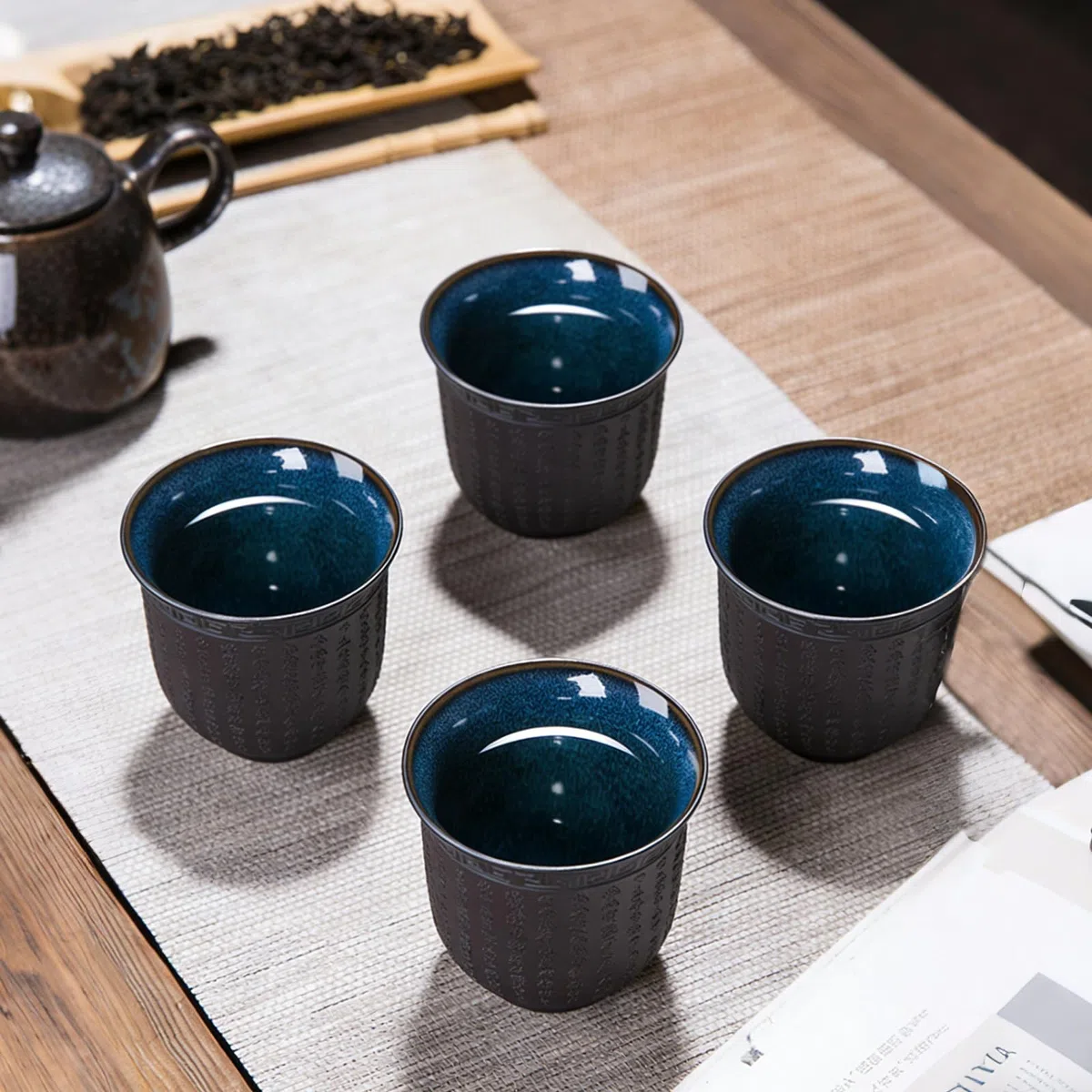 4 tazze da tè giapponesi, 165 ml, tazze da tè asiatiche, cuore buddista Sutra, in ceramica, con motivo a forma di cuore, viola, per tè, sake, espresso, caffè, tazza da tè in rilievo