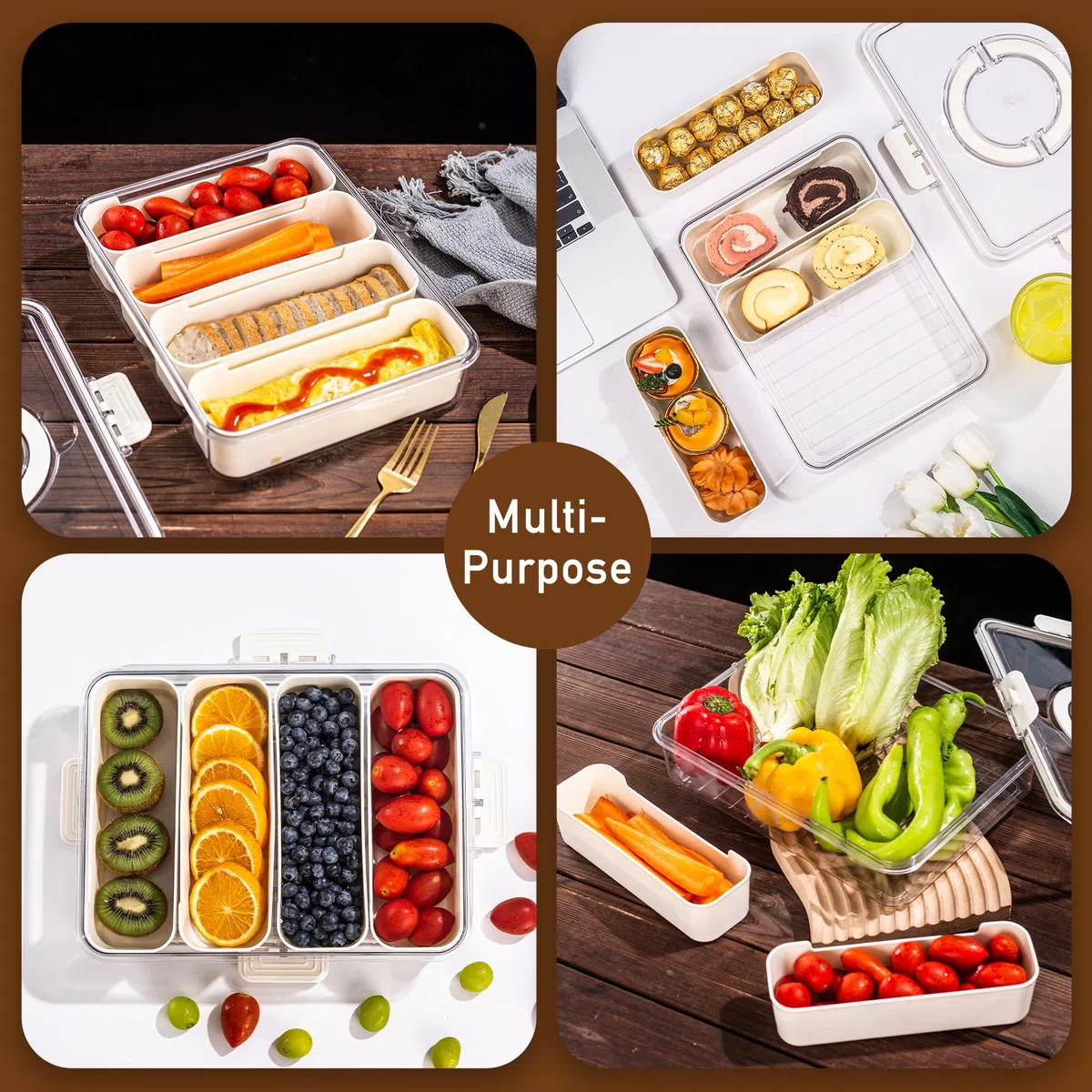 Bandesun Vassoio da portata diviso con coperchio e manico, contenitore per snack e salumi, contenitore portatile per snack, organizer trasparente per caramelle, frutta, noci, snack, 4 griglie