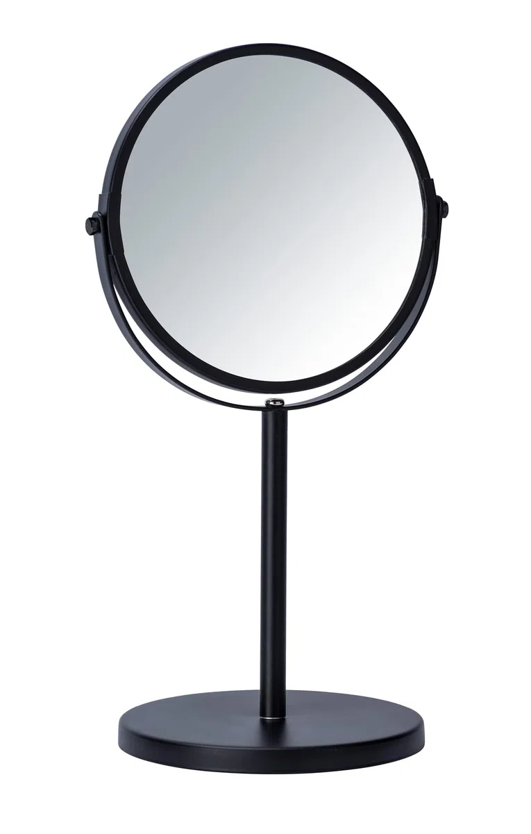 WENKO Specchio per trucco Assisi Ø 17 cm nero - Specchio per il trucco orientabile con ingrandimento 3x, superficie specchiante ø 16 cm 300 % ingrandimento, Acciaio, 18.5 x 34.5 x 15 cm, Nero