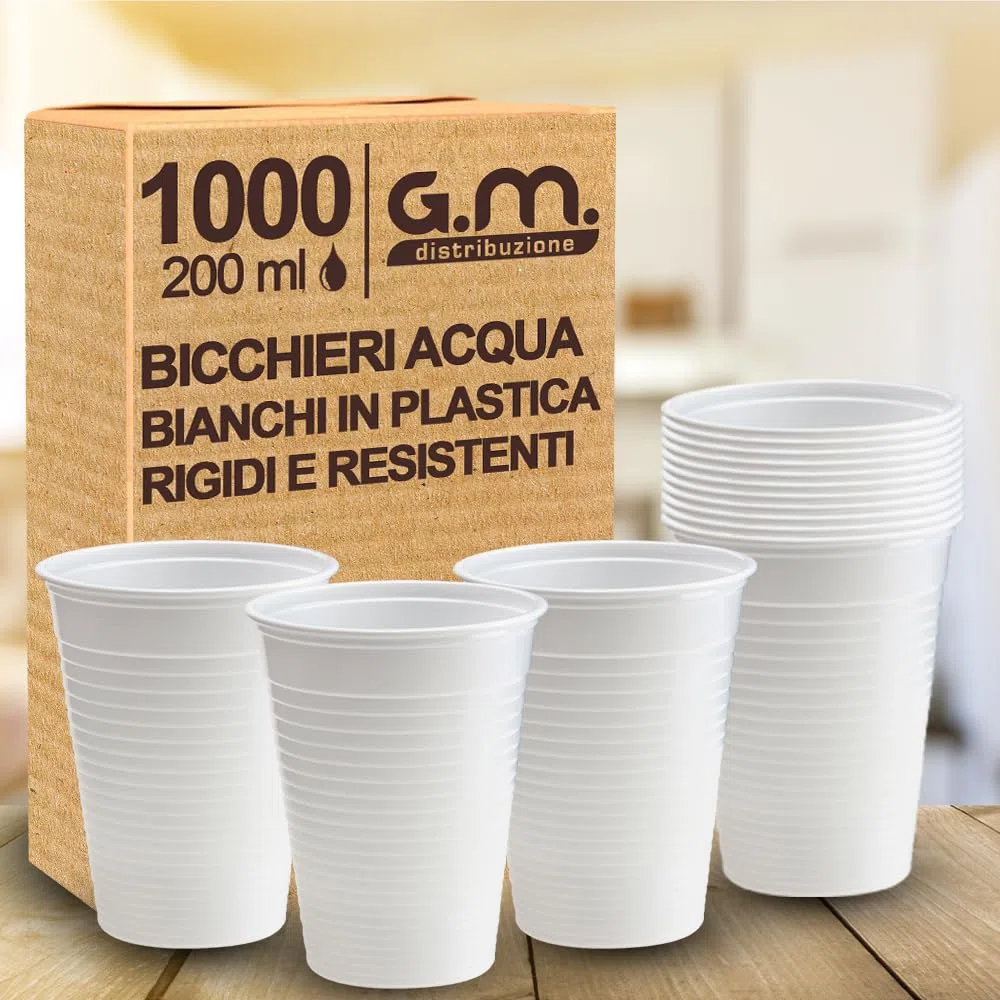 1000 Bicchieri Acqua in Plastica Bianchi da 200 ml, Riciclabili, Extra Rigidi e Super Resistenti, Usa e Getta, Ideale per Casa, Ufficio, Asporto Bevande Fredde (3 formati disponibili)