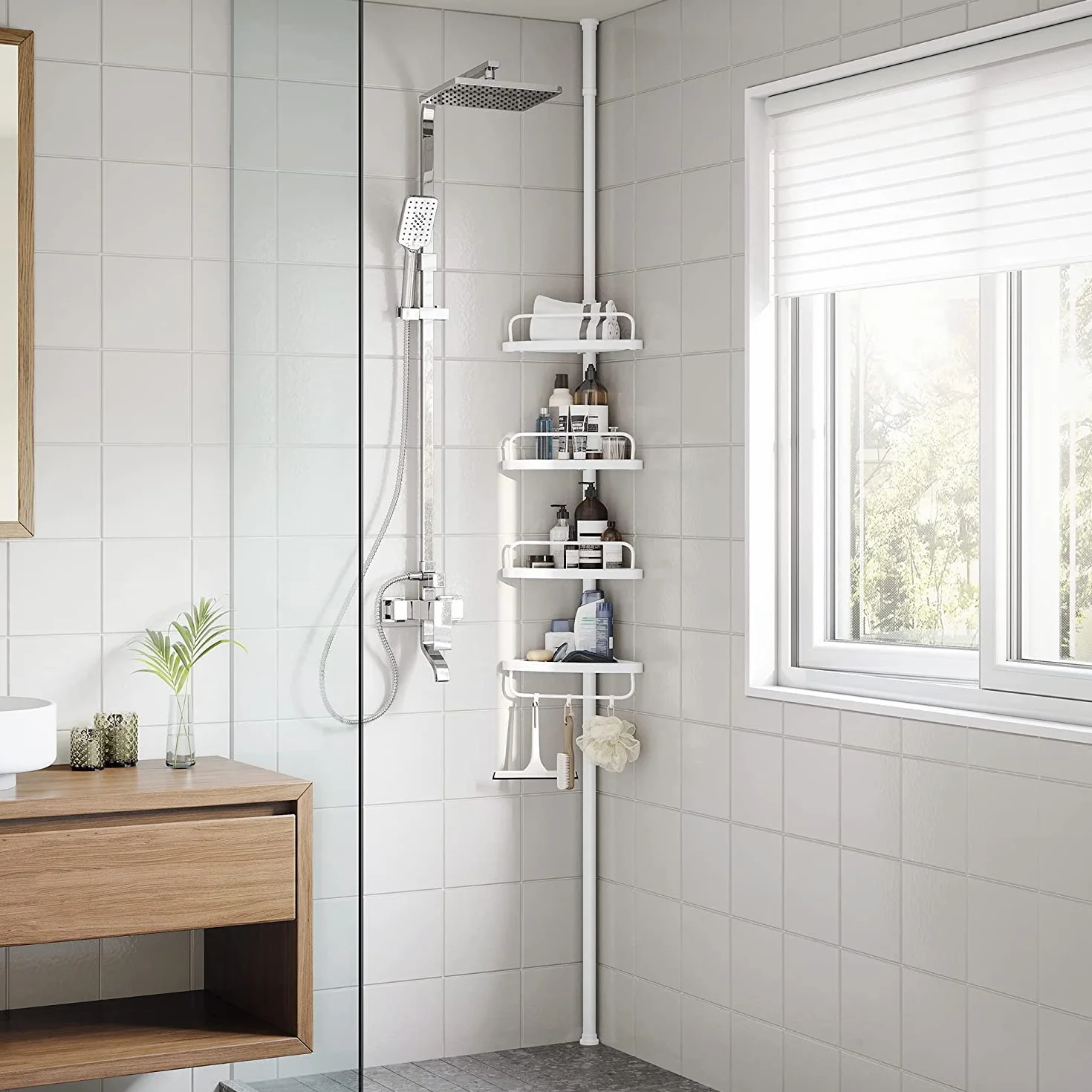SONGMICS Mensola Doccia Telescopica e Regolabile, 4 Ripiani, Scaffale Angolare Bagno, Altezza 85-305 cm, Bianco BCB001A