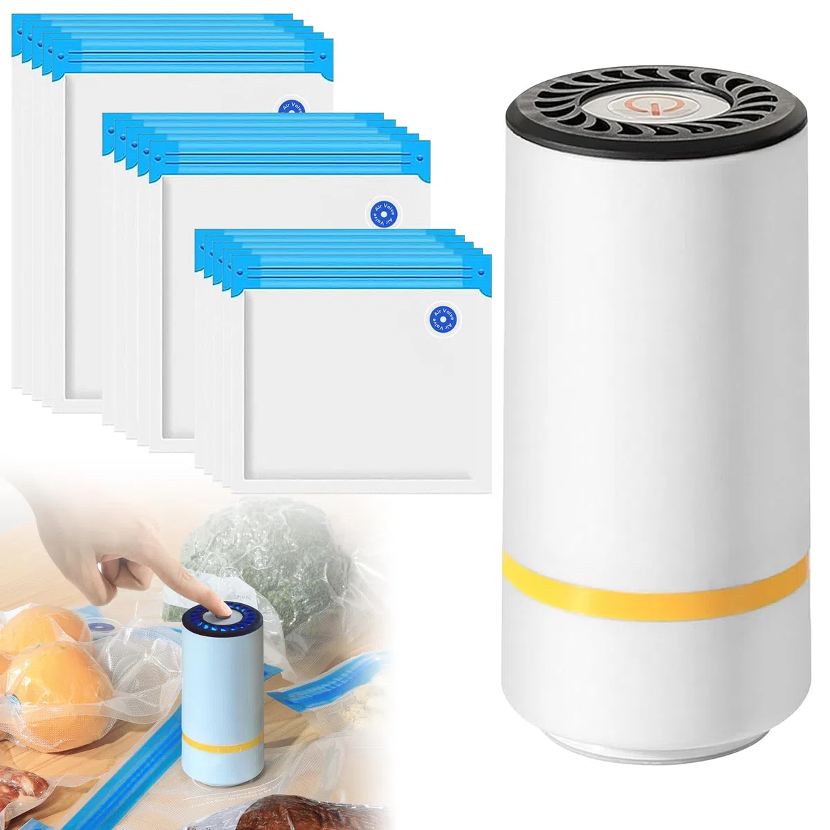 Vegena Macchina per sottovuoto con 15 sacchetti sottovuoto, macchina per sottovuoto, mini sottovuoto a mano, saldatrice elettrica riutilizzabile per conservare alimenti (bianco)