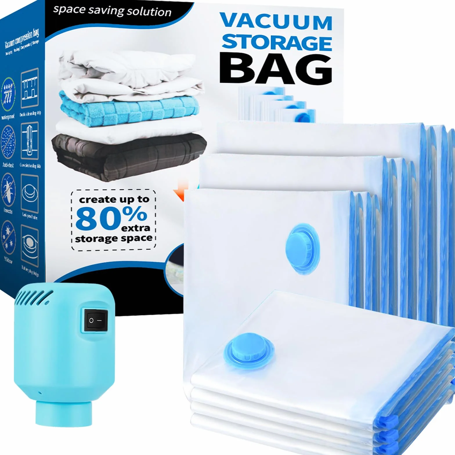 Sacchetti sottovuoto per vestiti con pompa ad aria elettrica 10 Sacchetti, 2XL+2L+2M+4S Sacchetti Sottovuoto per Cuscini, Piumino, Traslochi, Viaggi, Trapunte, Coperte