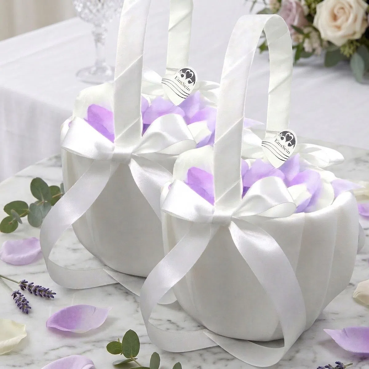 EinsSein 2x Cestino Matrimonio Set Julia Bianco 16x24x17 cm | Cesti in Vimini con Manico Rivestiti in Raso per Petali Fiori Confetti Damigella | Cerimonia Nuziale Sposa Decorazione Cuore