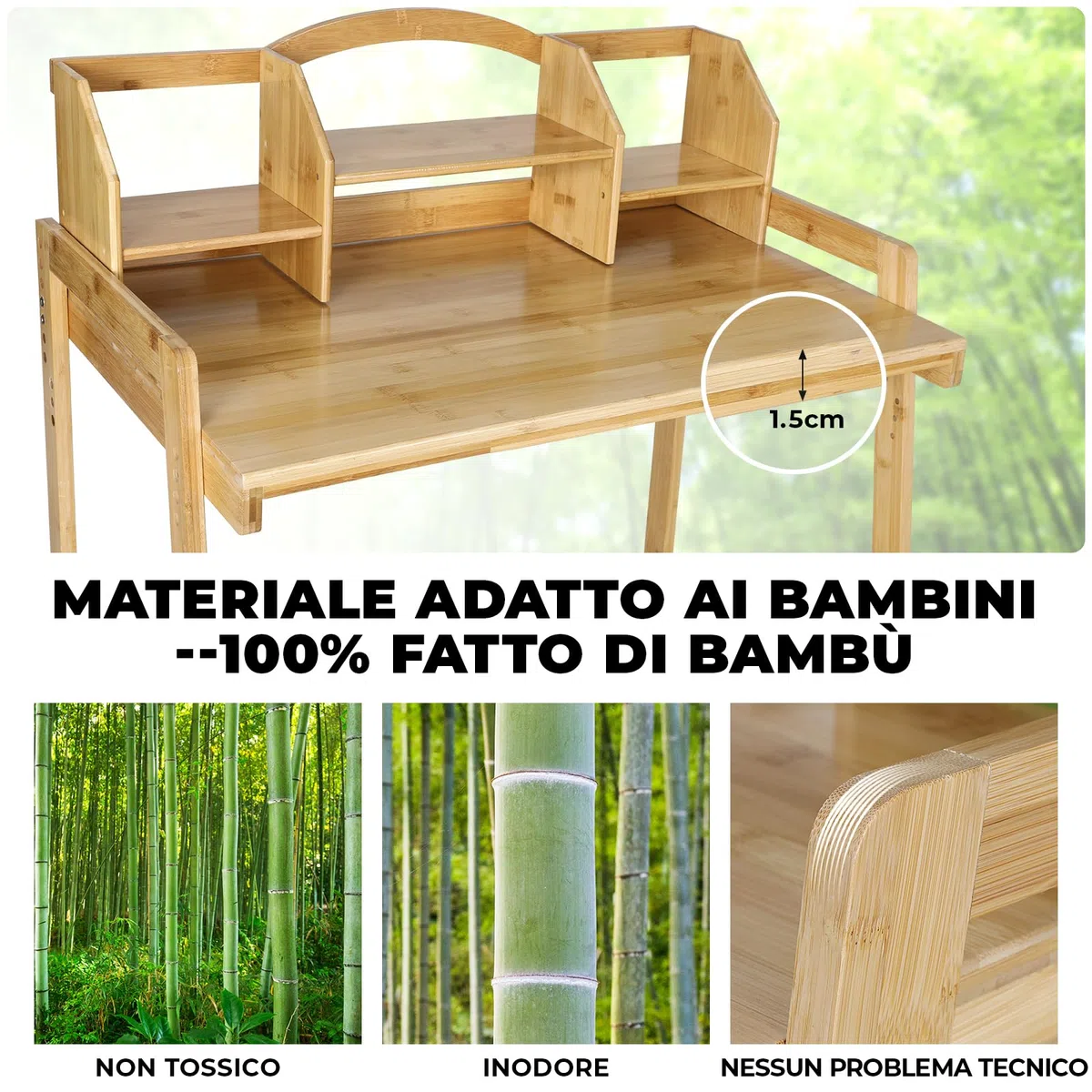 Scrivania per bambino Regolabile in Altezza, con Sedia, in Legno di Bambù, Supporto per Libri, Set da Scrivania, Colore Naturale