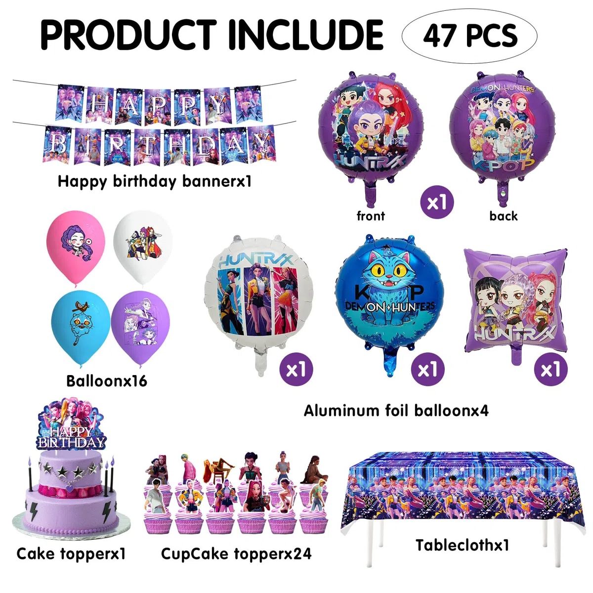 Set di Decorazioni per Compleanno da 47 Pezzi, Include Striscione di Compleanno, Toppers per Torte, Palloncini in Lattice, Decorazioni per Compleanno Adatte ai Bambini