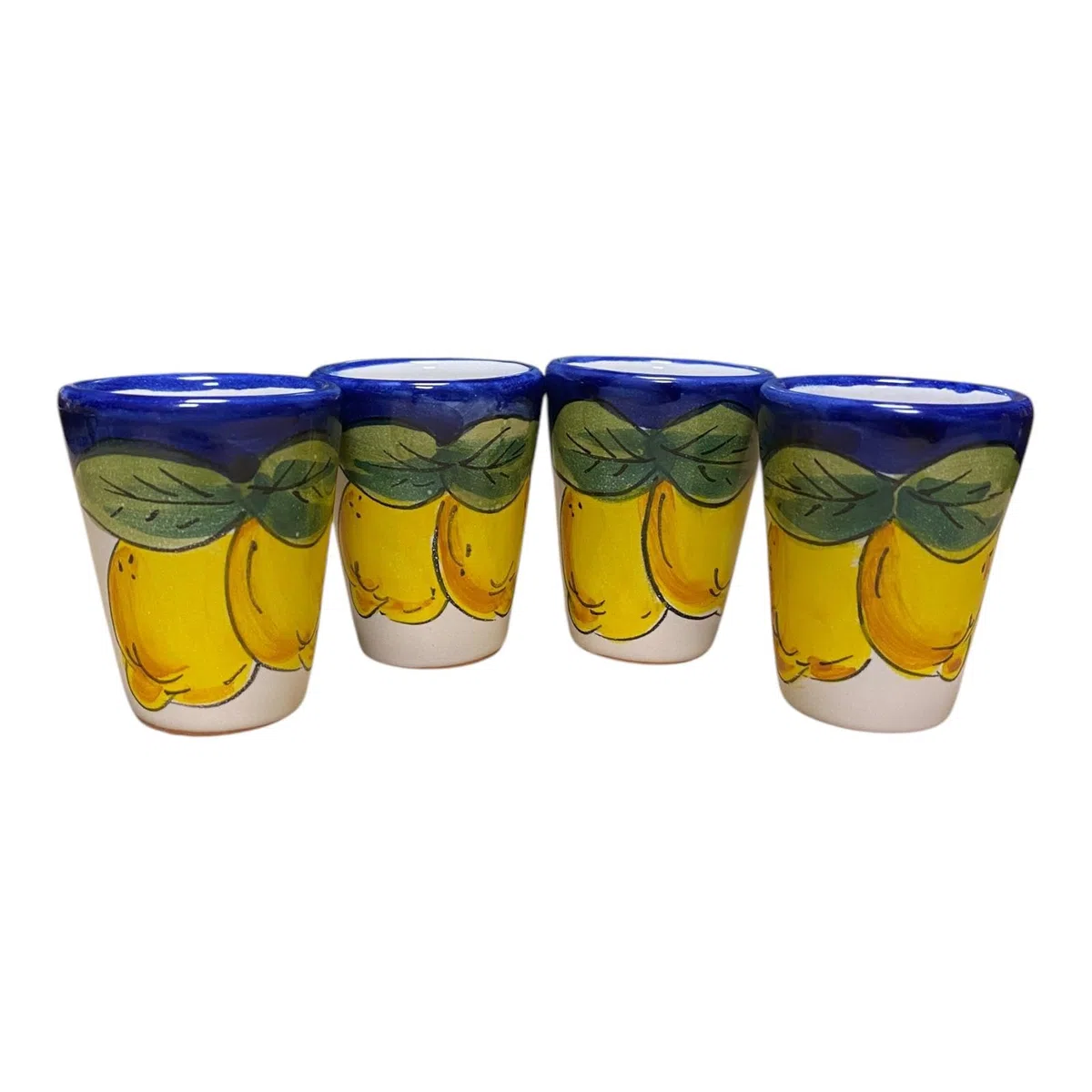 La Maison Unique: Set 4 Bicchieri Limoncello in Ceramica Vietrese Decoro Tradizionale Costiera Amalfitana Dipinti a Mano Limoni Fondo Blu 1212241900