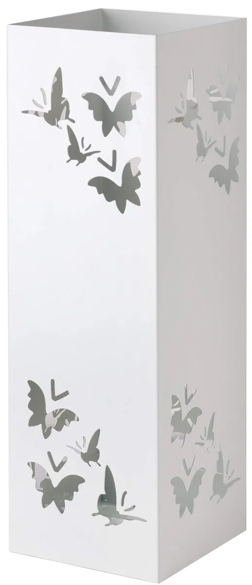 Baroni Home Portaombrelli Quadrato in Metallo con Intagli a Forma di Farfalle 15,5x15,5x49 cm con Gancino e Vaschetta Scolapioggia Rimovibile, Bianco