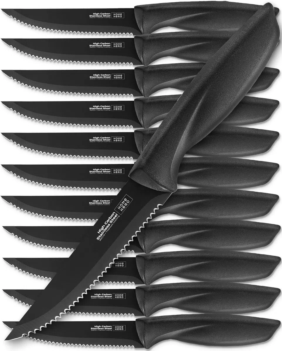 Home Hero Set di 12 coltelli da bistecca, lame in acciaio inox ad alto tenore di carbonio, coltelli seghettati affilati come rasoi - manici ergonomici neri - 12 pezzi, nero